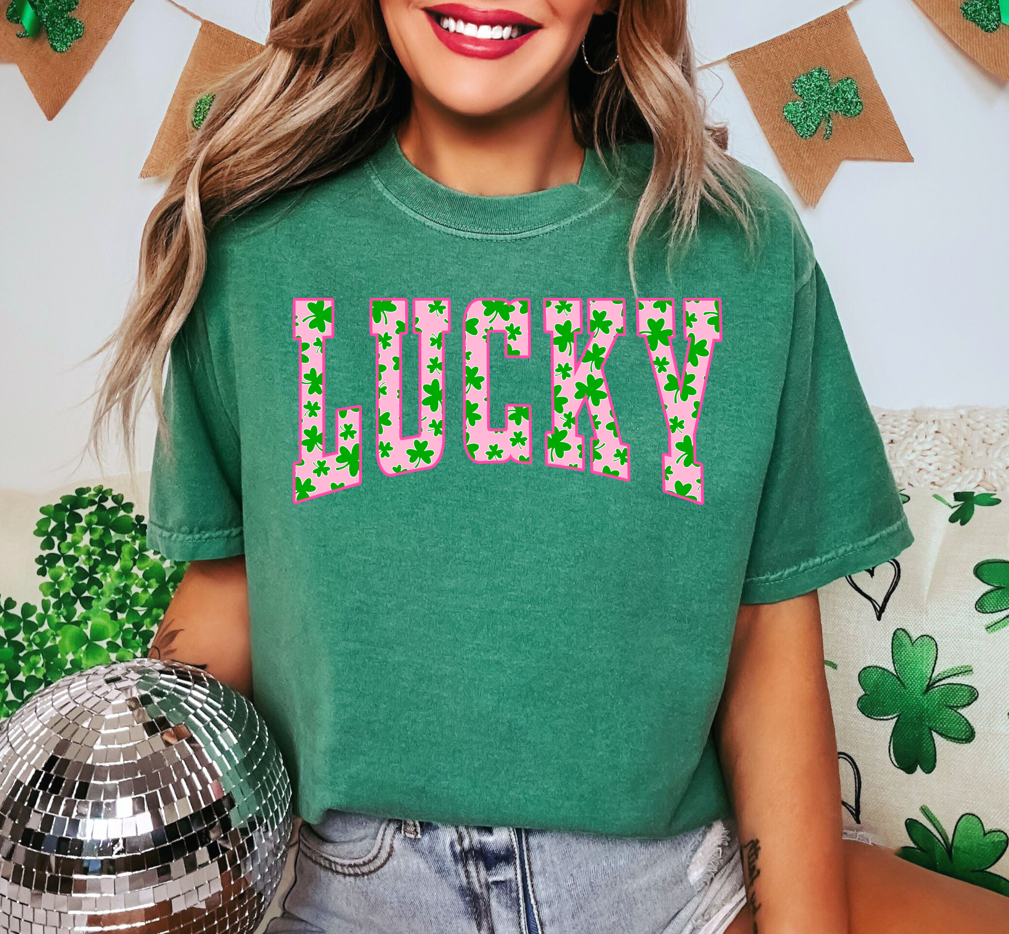 Pink & Green Lucky Shamrocks Grass Tee