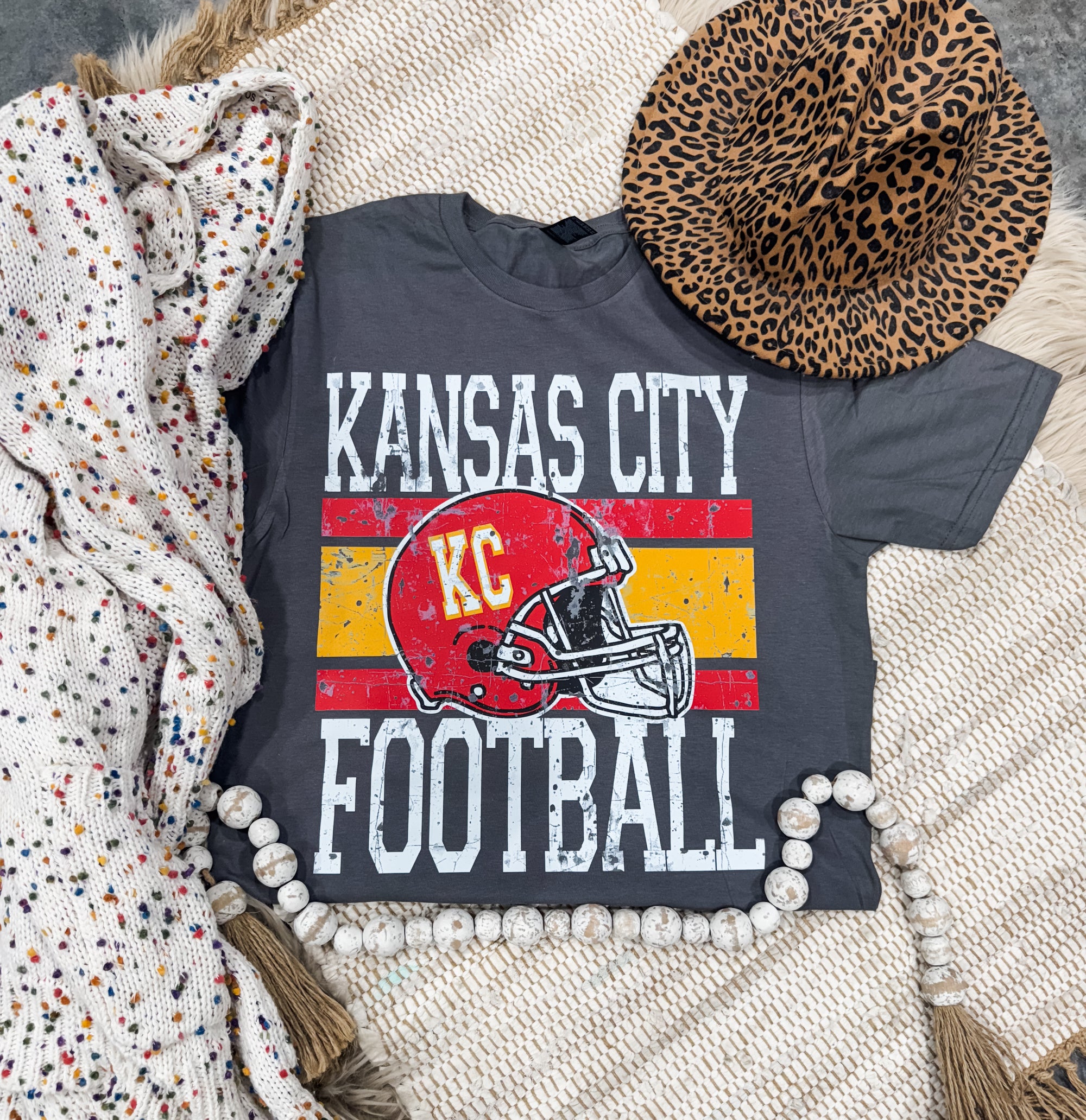 Red & Gold Distressed Kansas City KC Helmet Charcoal Tee