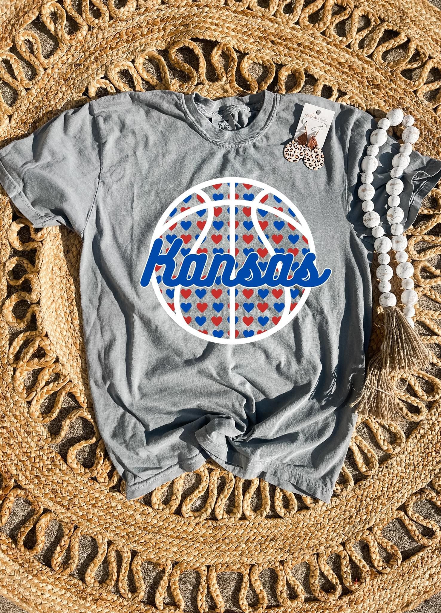 Red & Blue Heart Basketball Grey Tee