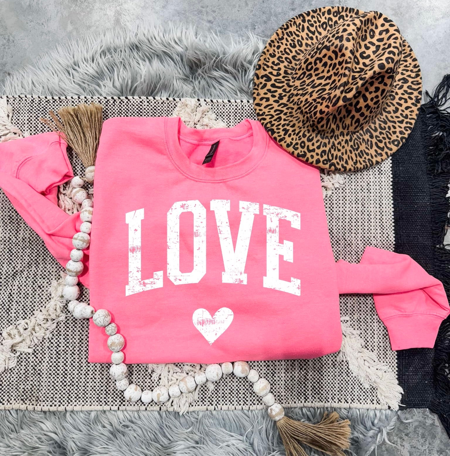 White Distressed Love Heart Hot Pink Sweatshirt