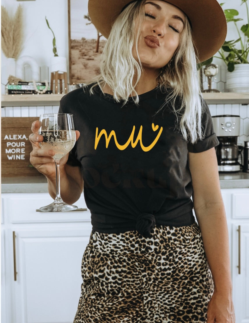 Gold MU Script Heart Black Tee