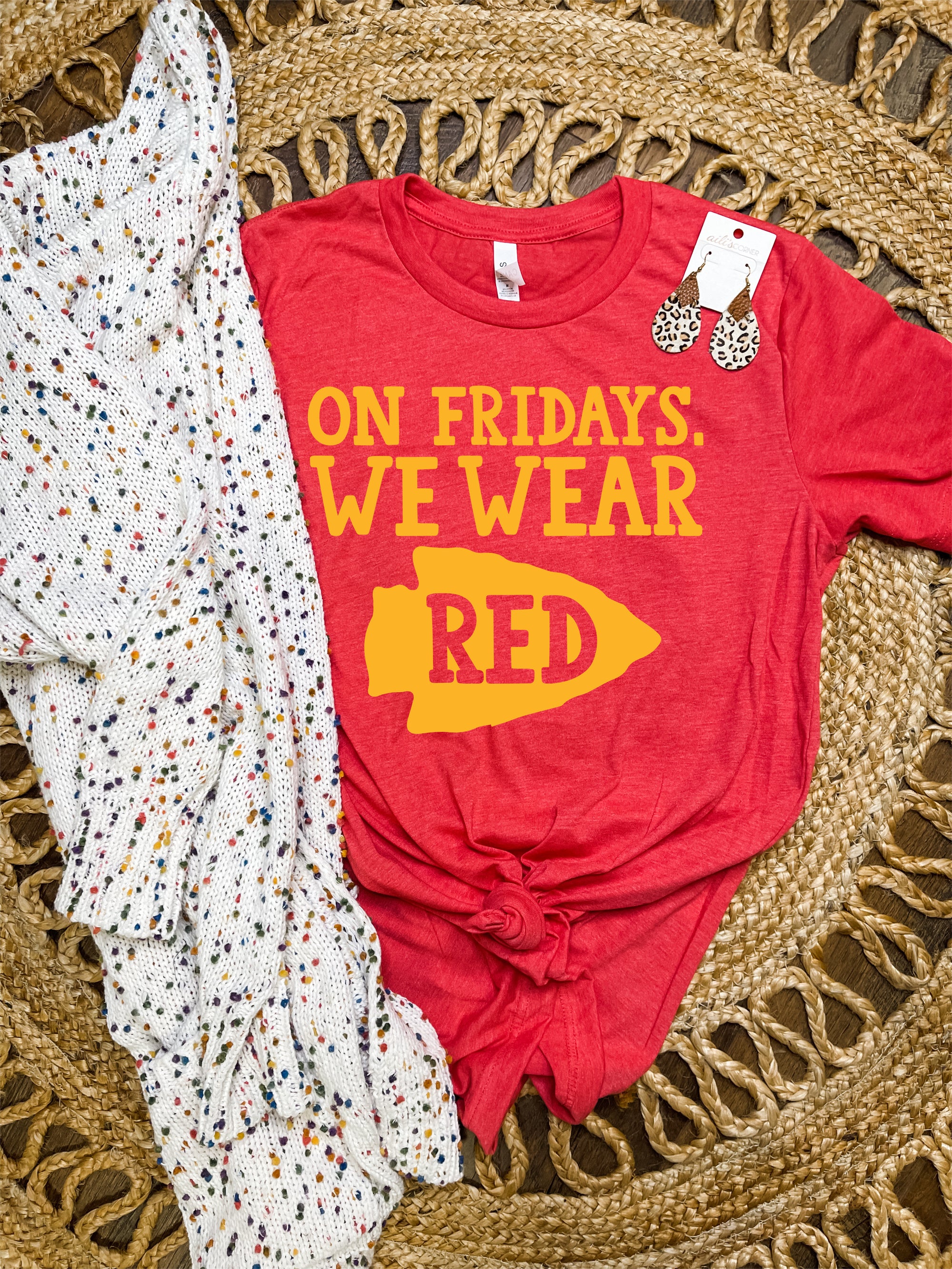 Gold Arrowhead On Fridays We Wear Red Heather Red Tee