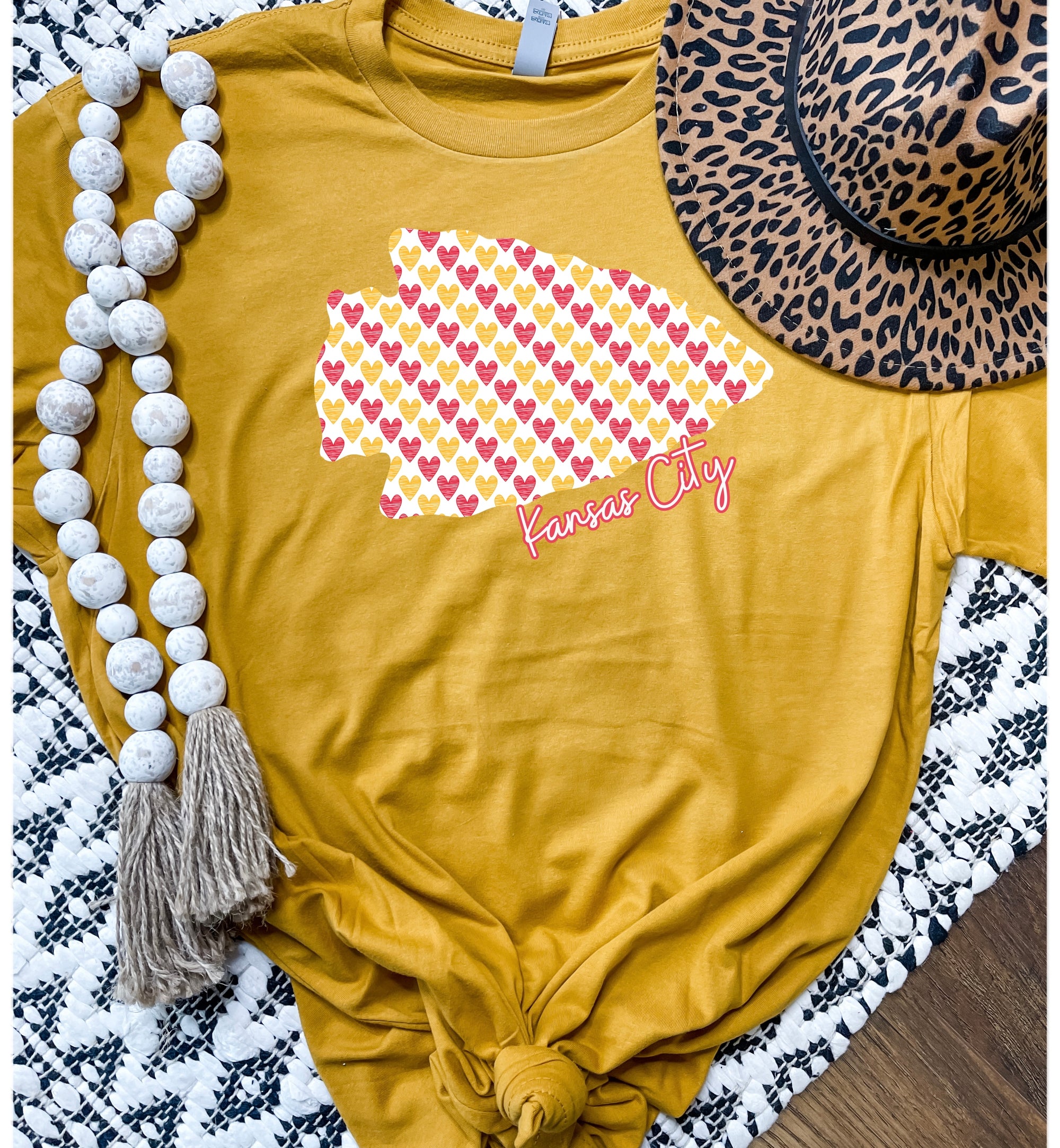 Multiple Heart Arrowhead Kansas City Script Heather Mustard Tee