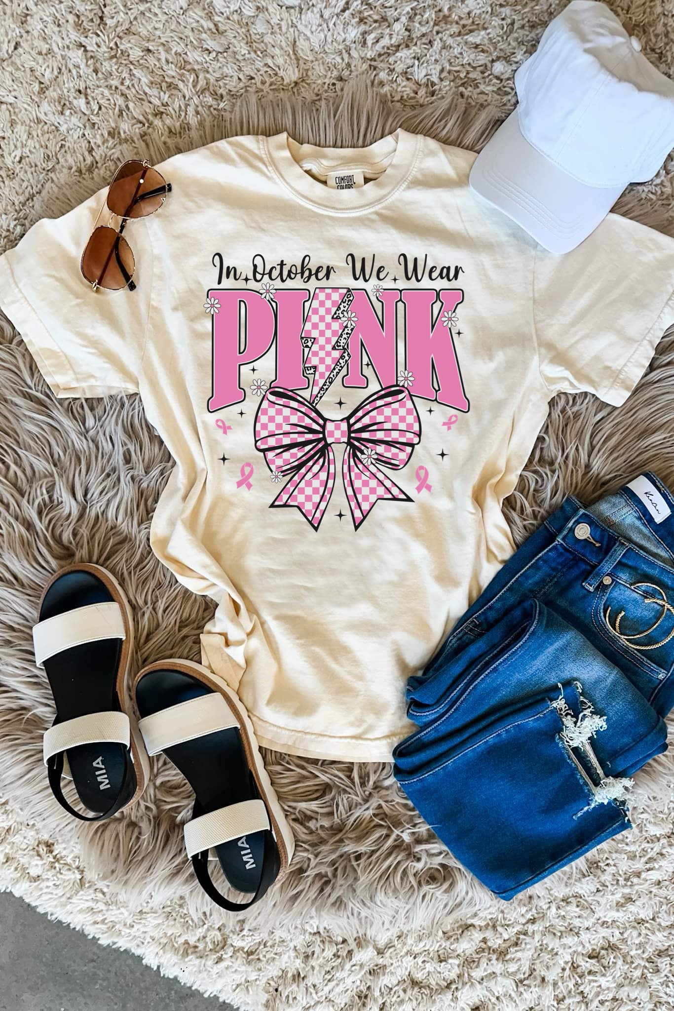 In October We Wear Pink Checkered Lightening Bolt Ivory Tee