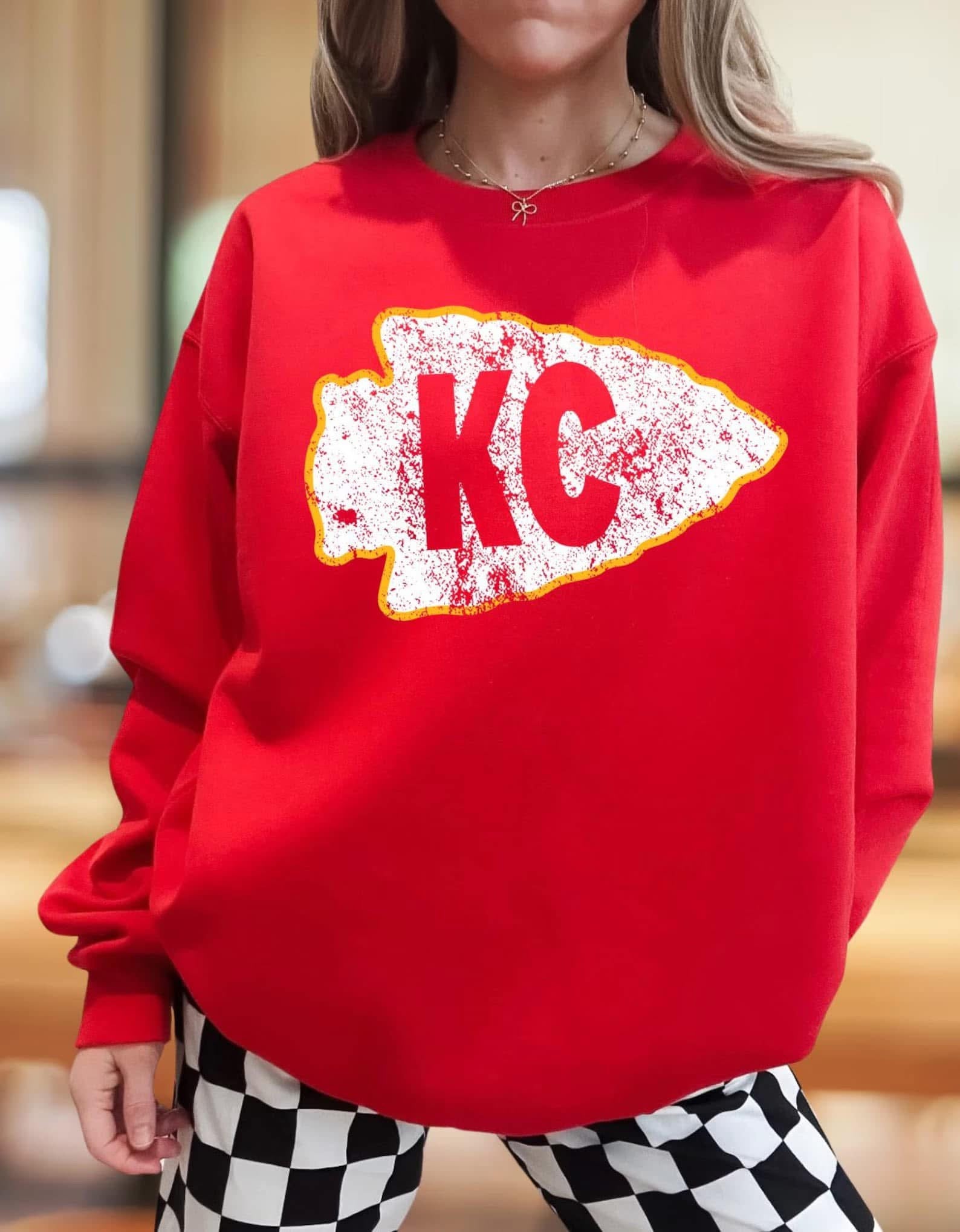 **DEAL OF THE DAY** White Distressed Transparent KC Arrowhead Red Sweatshirt