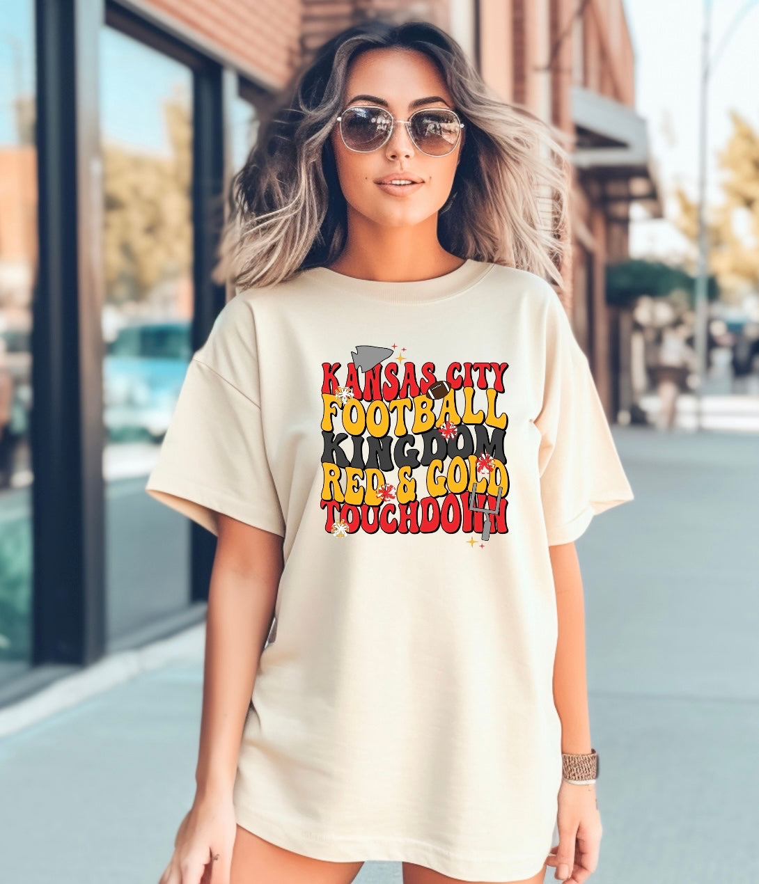 Kansas City Football Kingdom Red & Gold Touchdown Ivory Tee