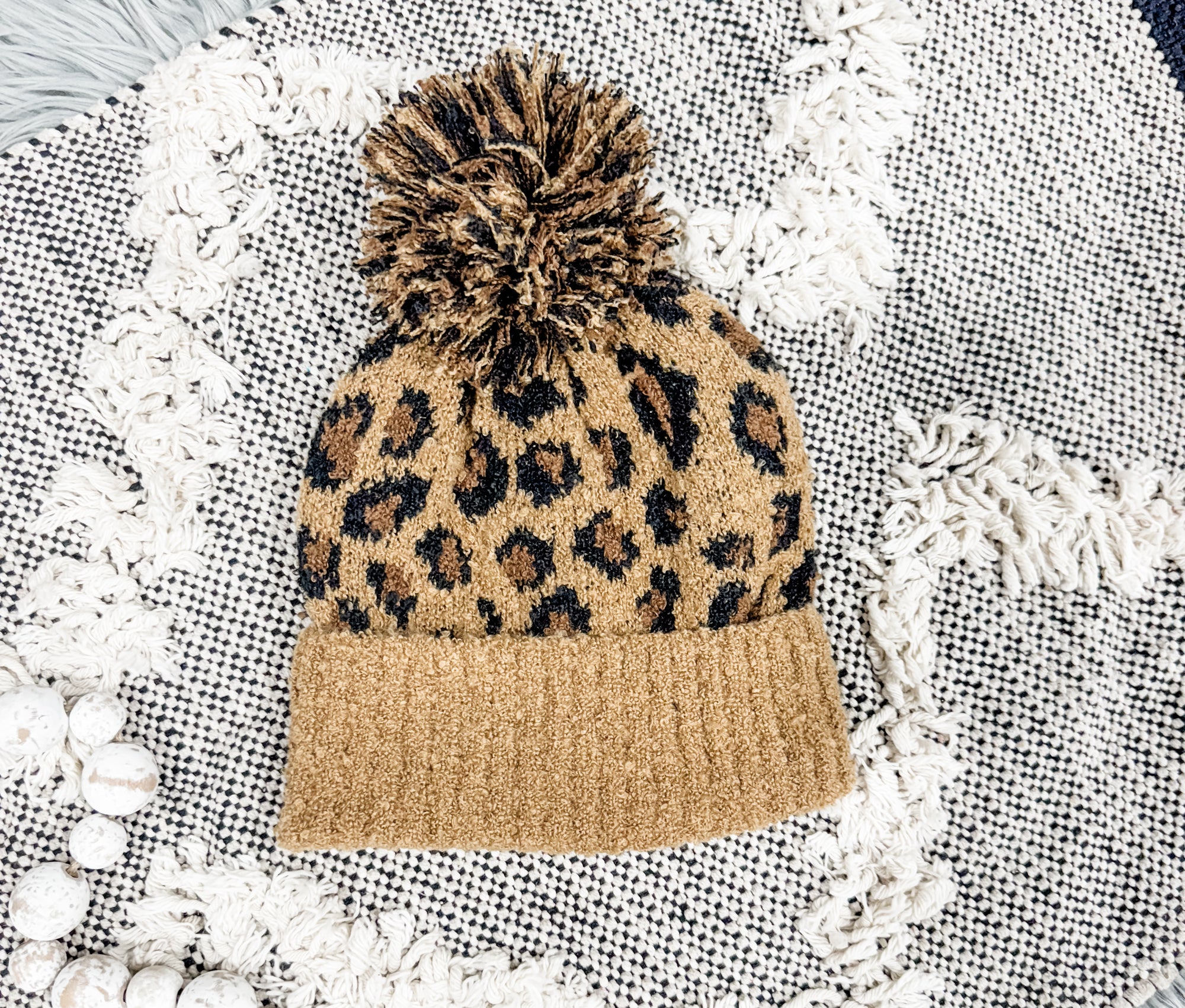 Latte Leopard Pom Pom Beanie