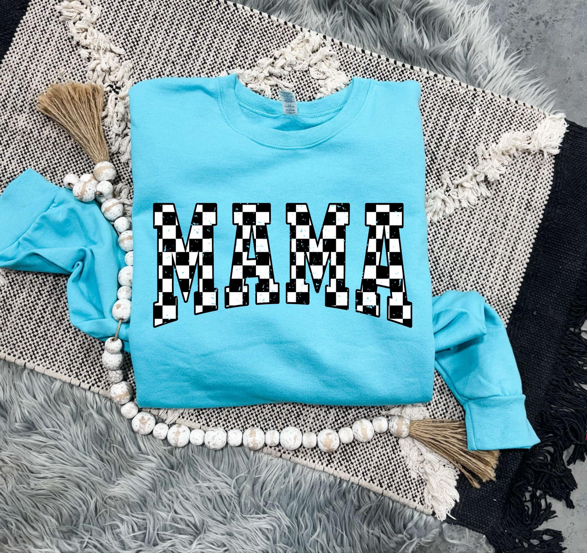 Distressed Black & White Mama Checkered Mint Sweatshirt