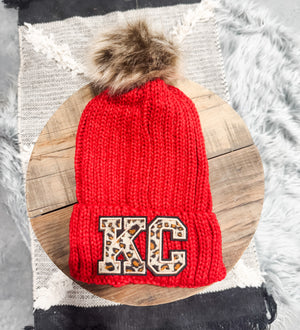 Leopard KC Patches Red Pom Pom Beanie