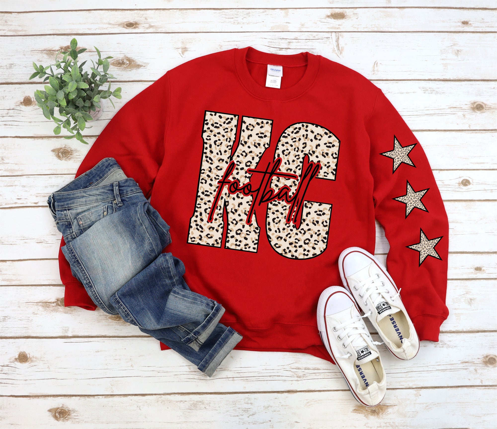 Natural Leopard KC Script Football & Leopard Stars Sleeve Red Sweatshirt