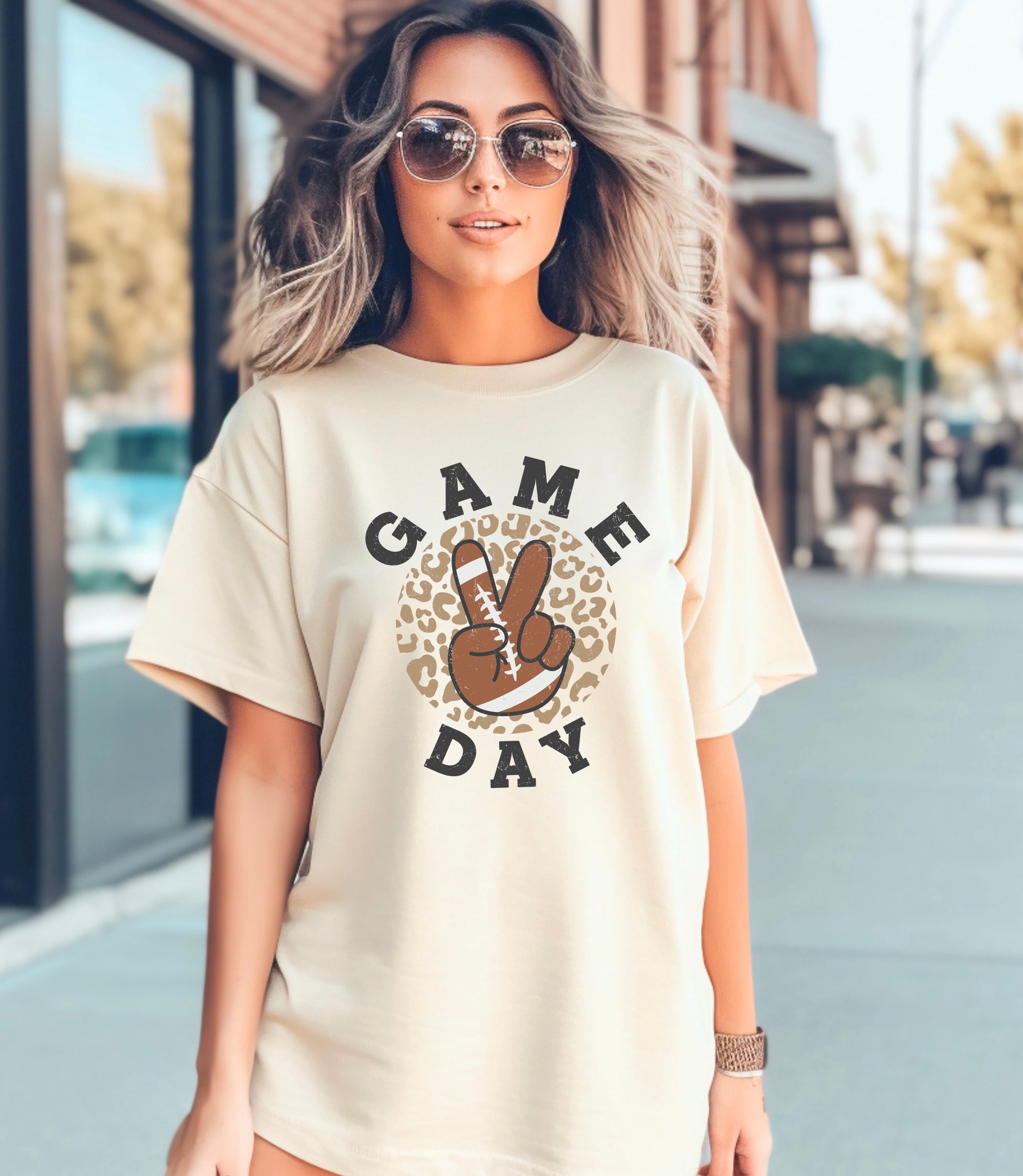 Game Day Leopard Circle Peace Sign Natural Tee