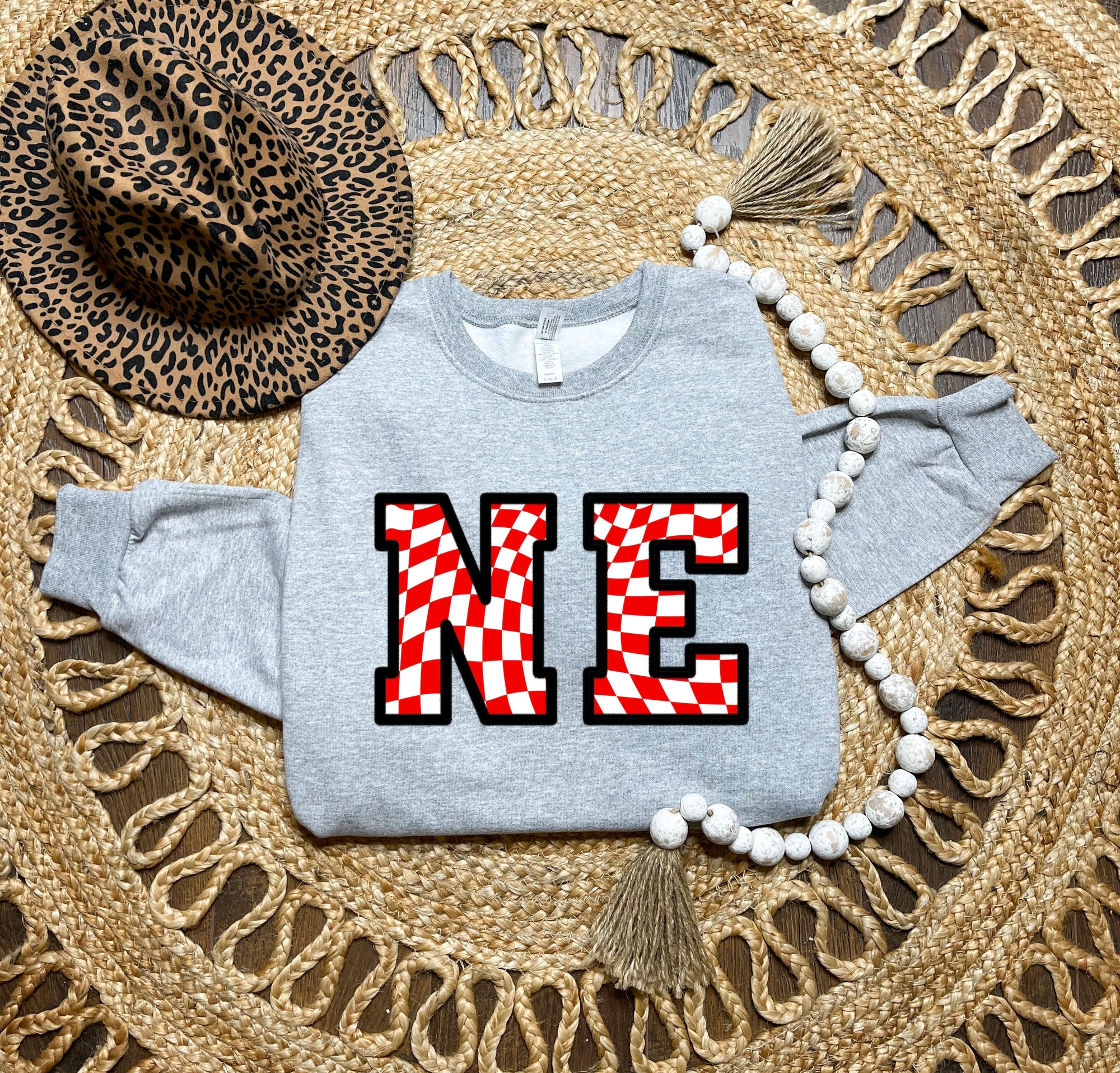 NE Red & White Checkered Heather Grey Sweatshirt