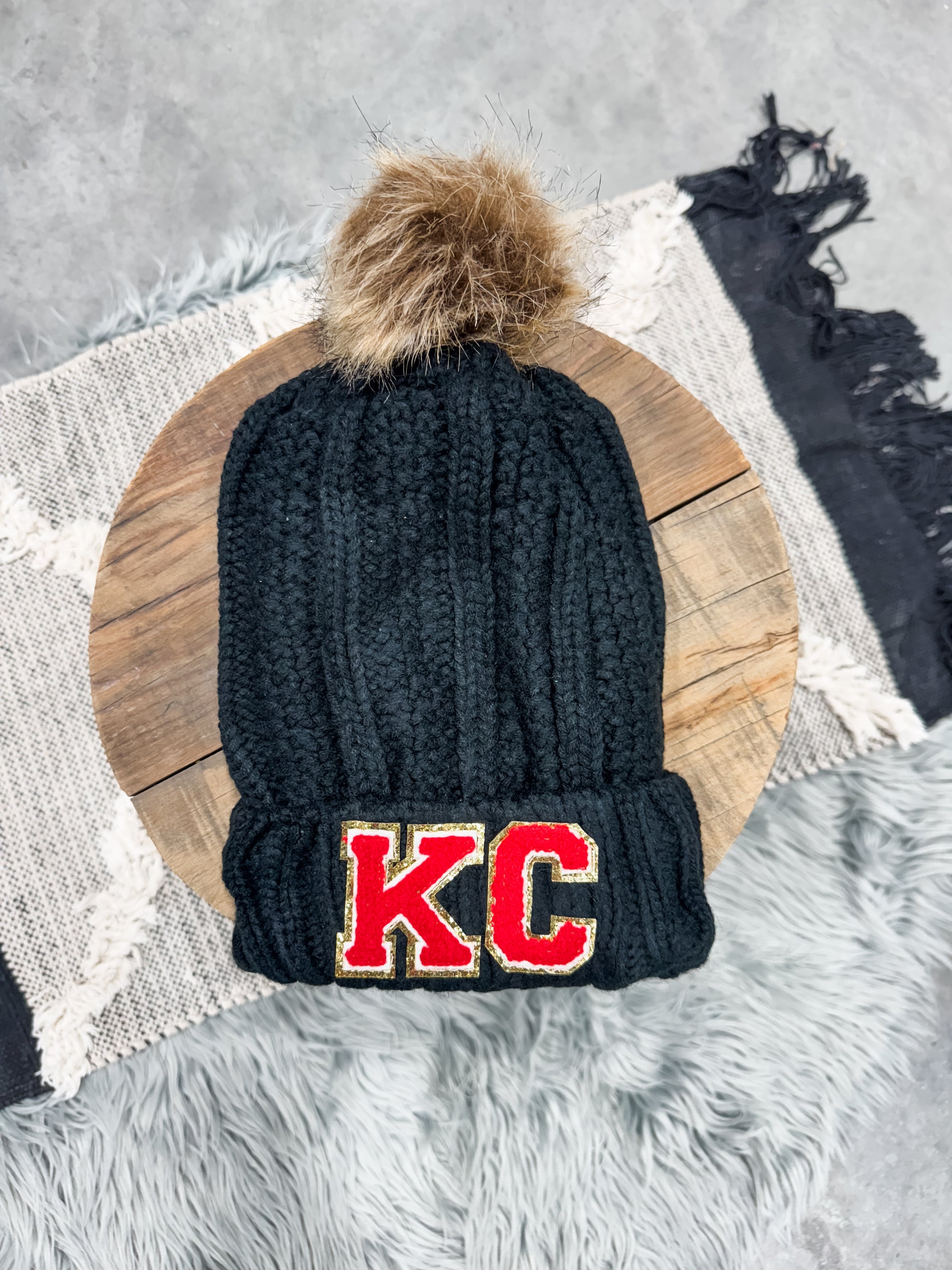 Red KC Patches Black Pom Pom Beanie