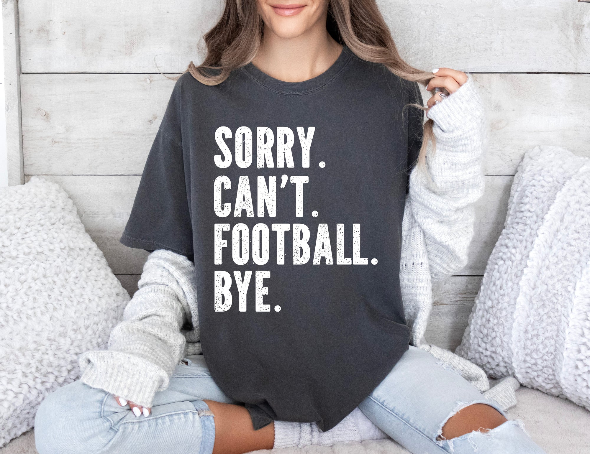 White Distressed Sorry Can’t Football Bye Pepper Tee