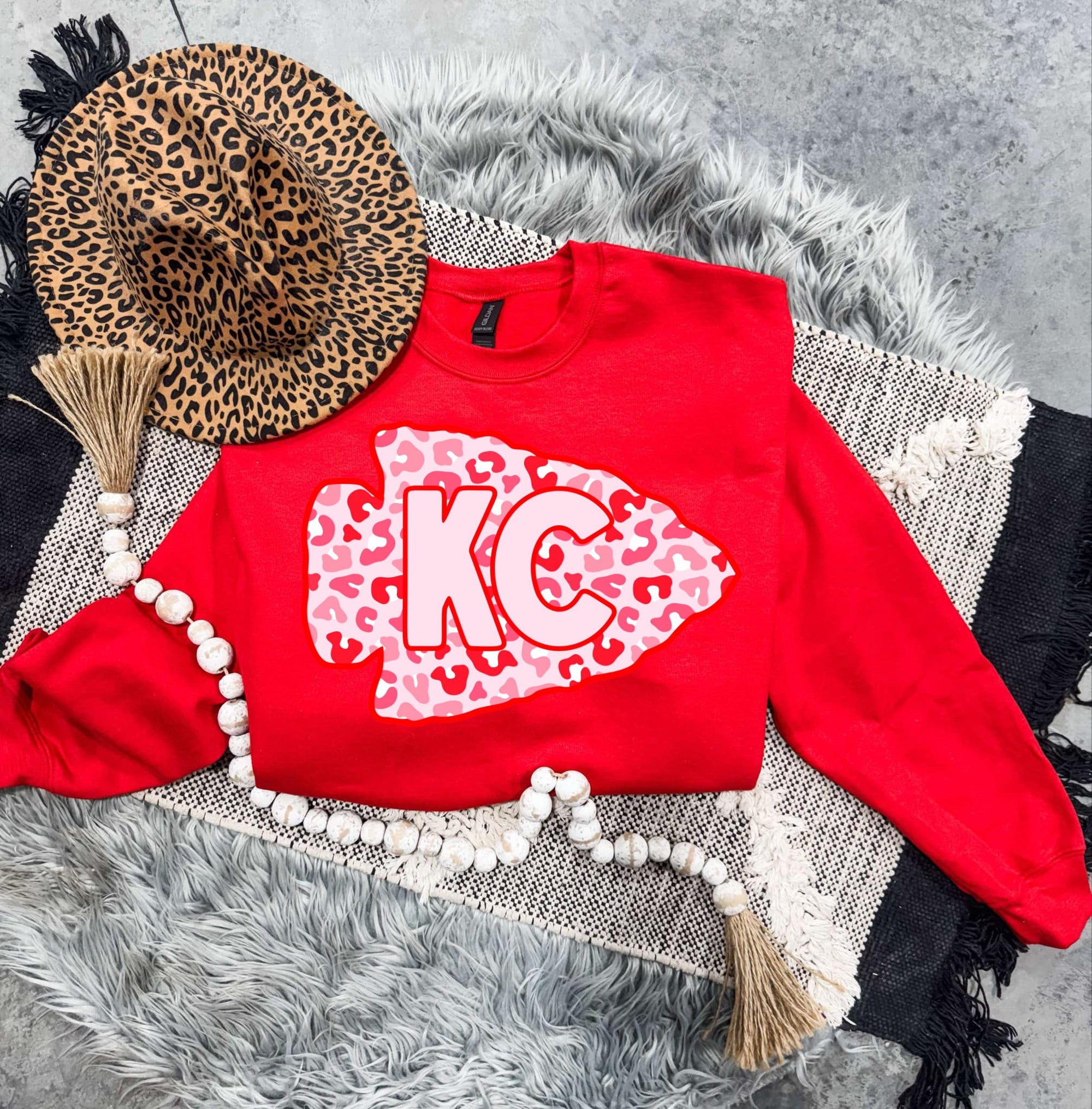 **HALFTIME DEAL** Red & Pink Leopard KC Arrowhead Red Sweatshirt