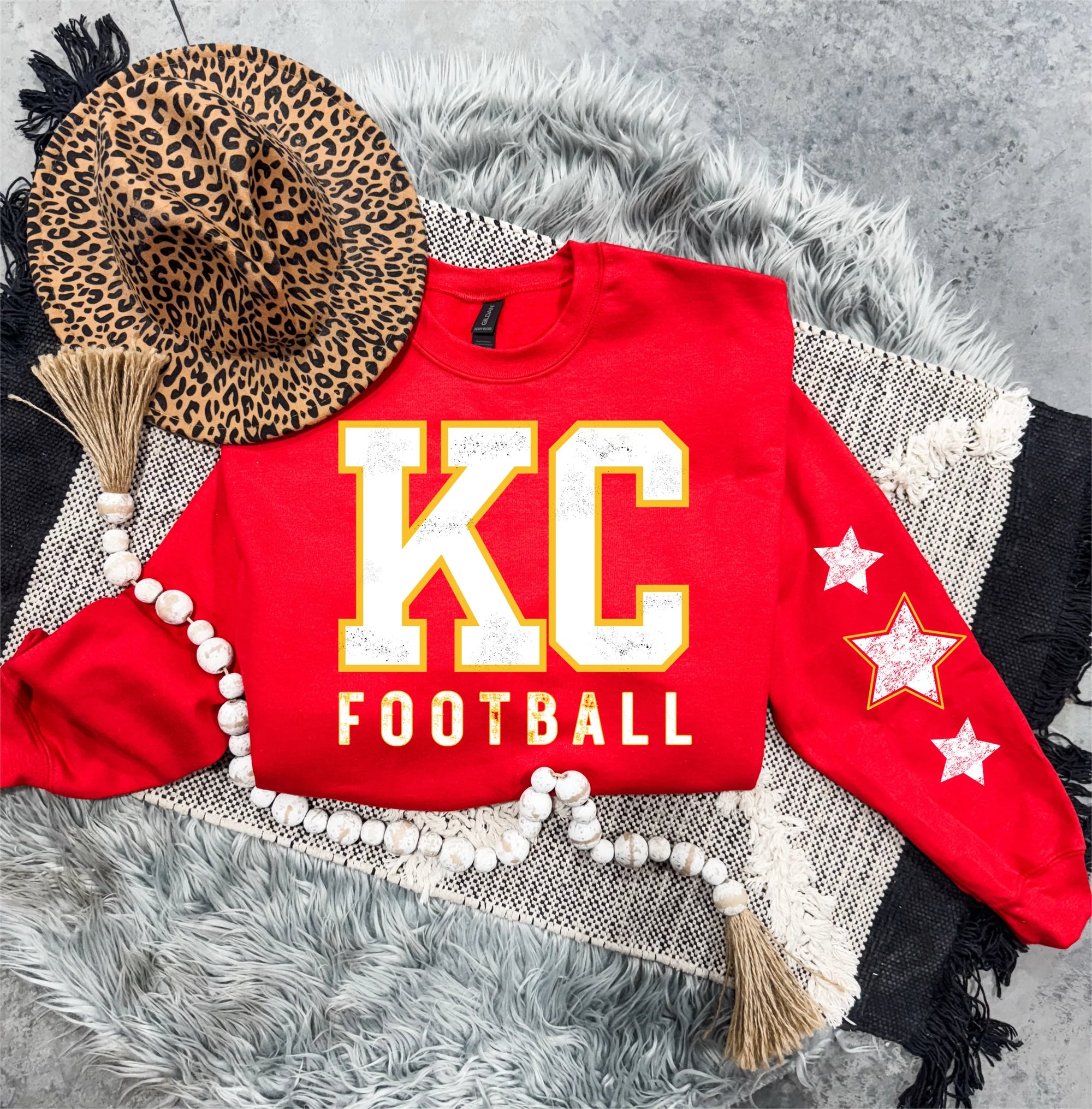 **DEAL PRICE** Distressed White KC Football & Distressed Star Sleeves Red Sweatshirt