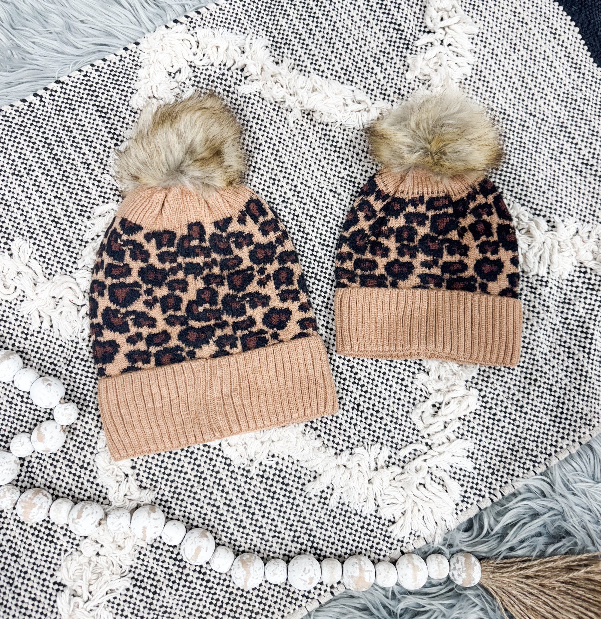 Leopard Beanies With Removeable Fur Pom Pom