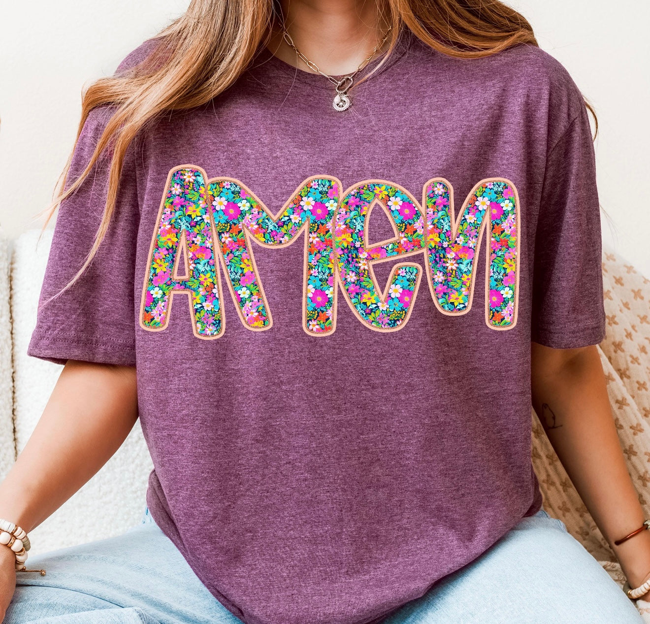 Bright Floral Amen Heather Burgundy Tee