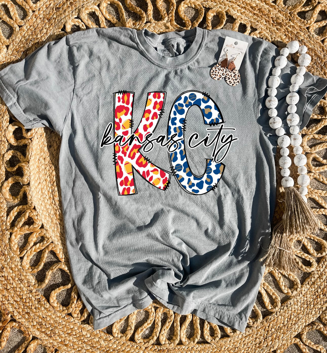 Red & Blue KC Kansas City Grey Tee