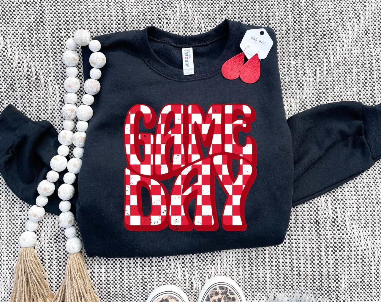 Wavy Red & White Game Day Checkered Black Sweatshirt