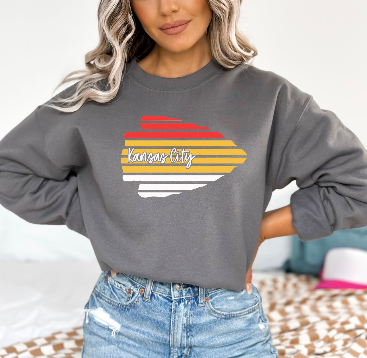 Red, White & Gold Kansas City Lined Arrowhead Charcoal Sweatshirt