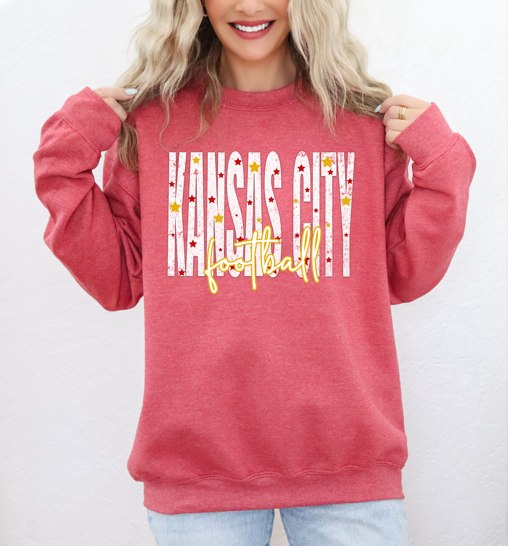 White Distressed Kansas City Stars Football Heather Red Sweatshirt