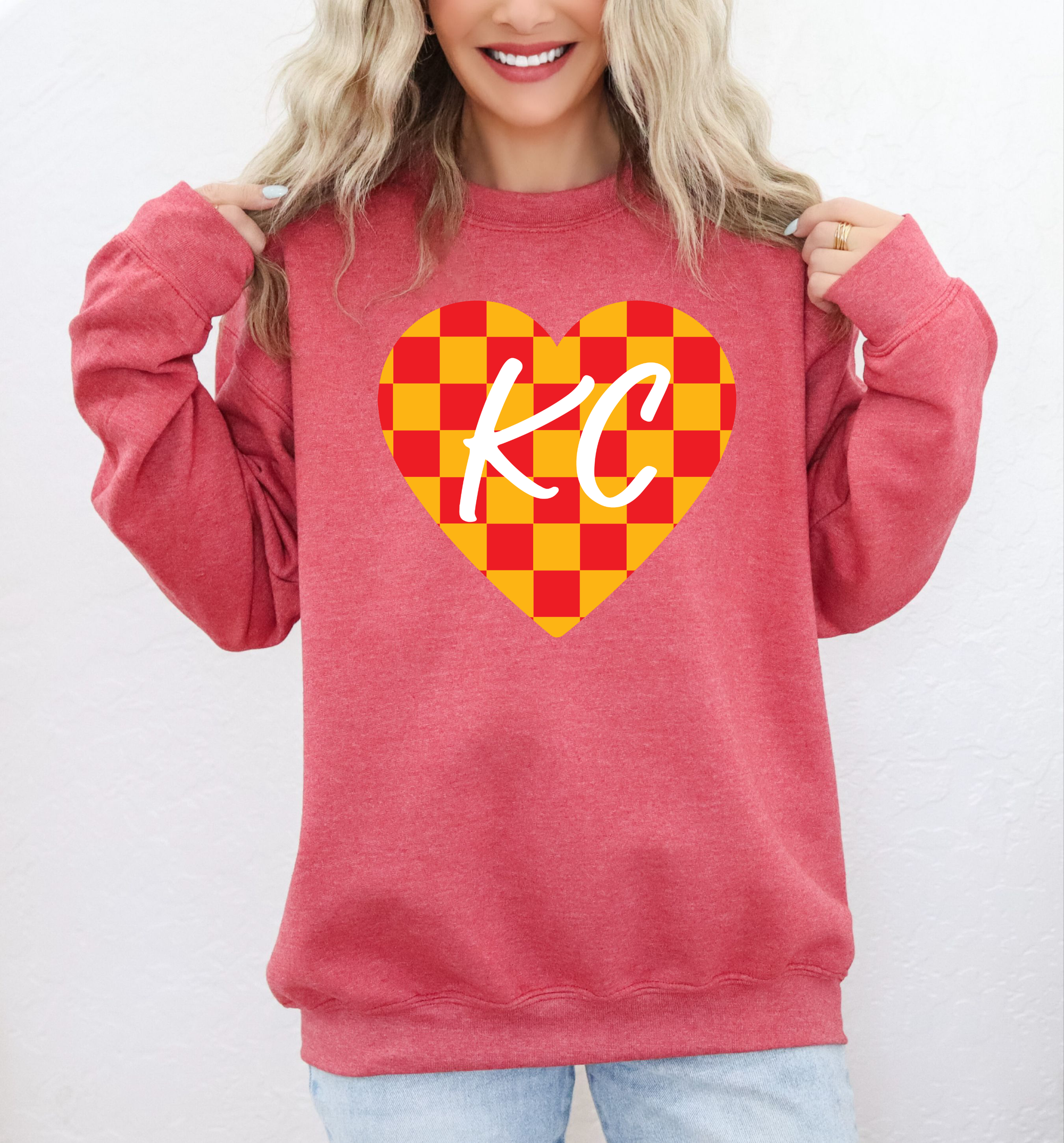 Red & Gold Checkered KC Heart Heather Red Sweatshirt