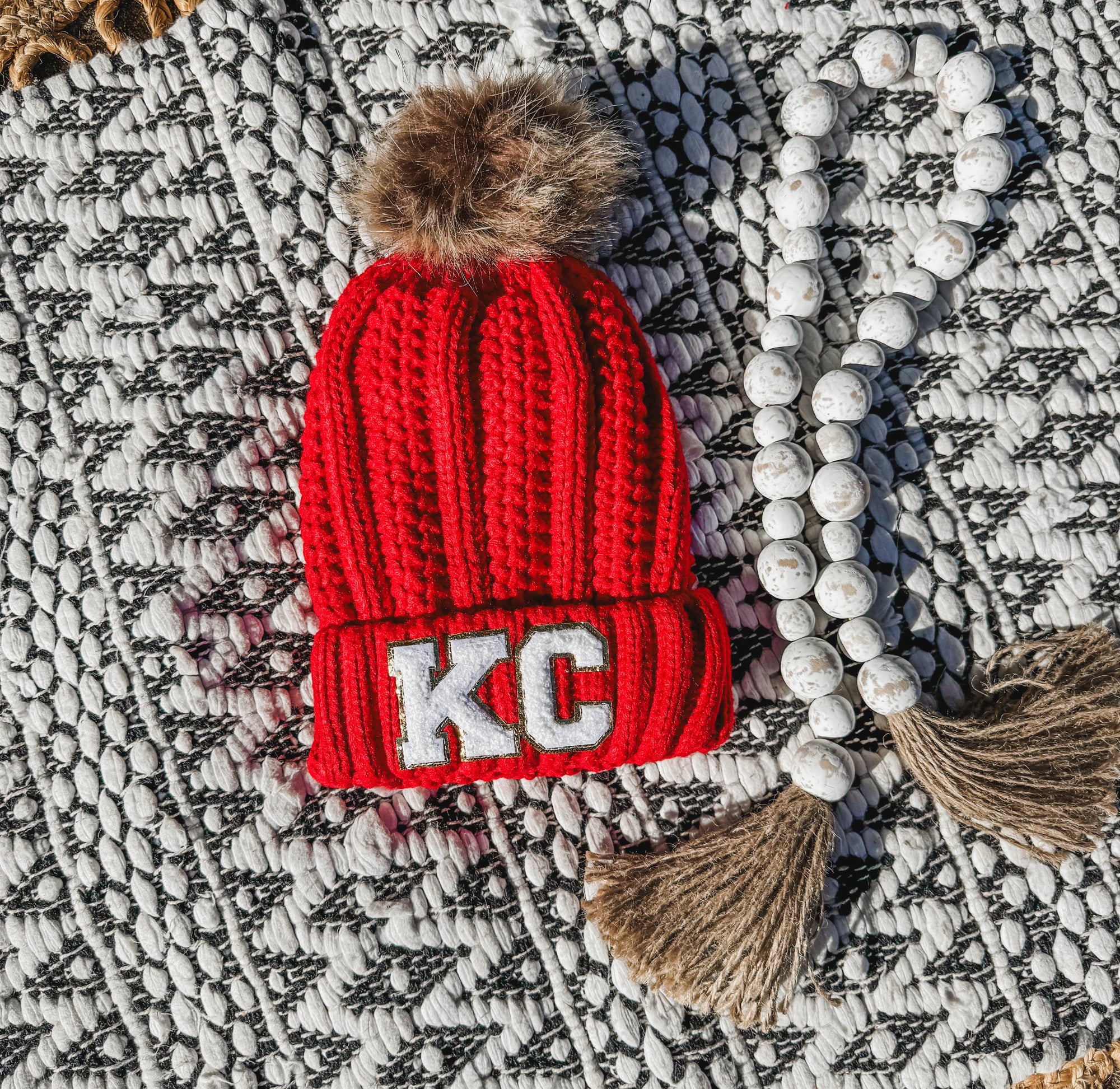 White KC Patches Red Pom Pom Beanie