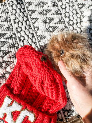 White KC Patches Red Pom Pom Beanie