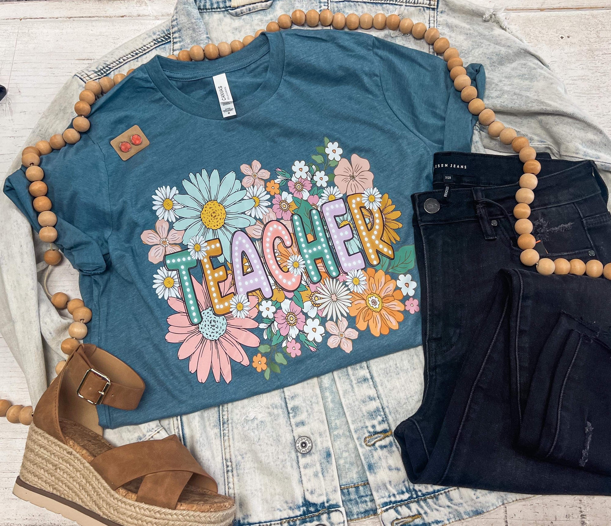 Teacher Floral Heather Teal Tee