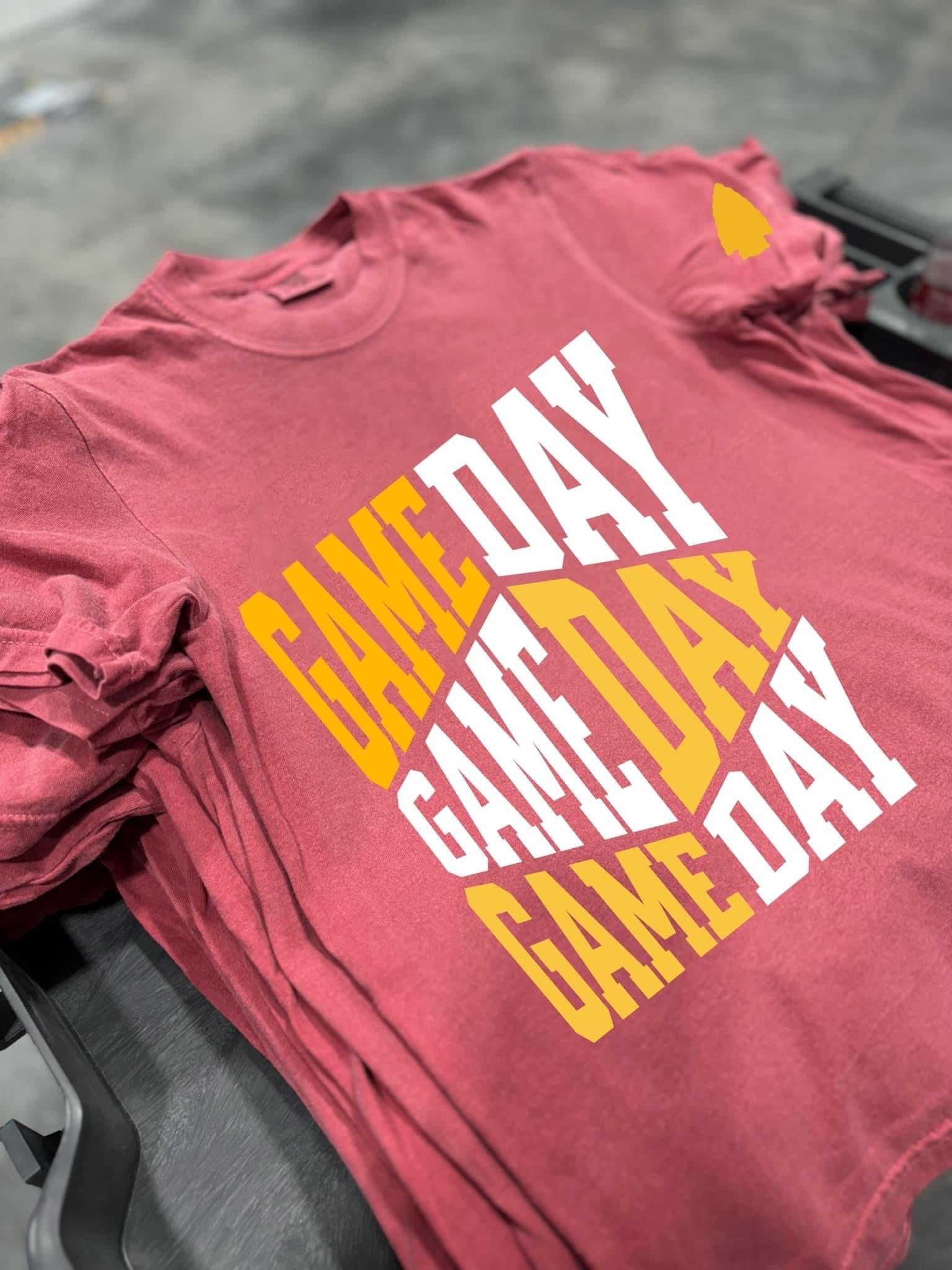 Gold & White Game Day Repeat & Arrowhead Sleeve Crimson Tee