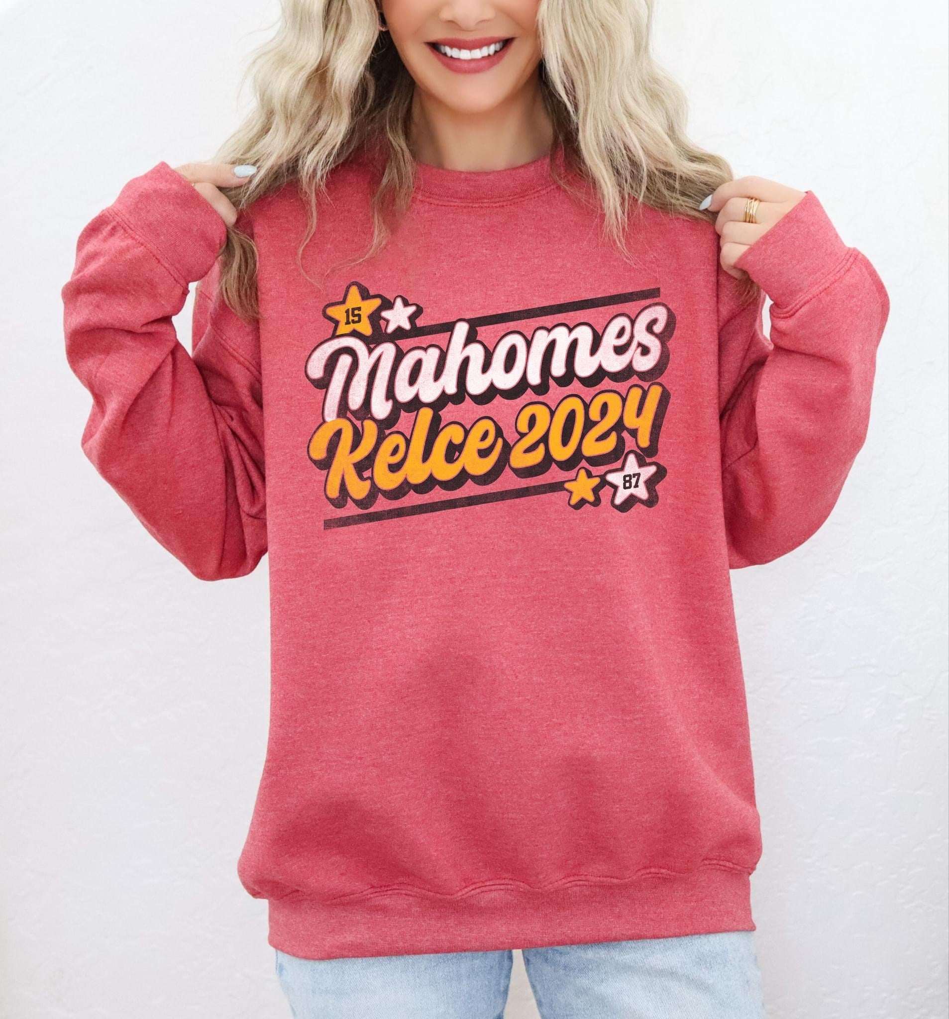 15 87 Mahomes Kelce Heather Red Sweatshirt