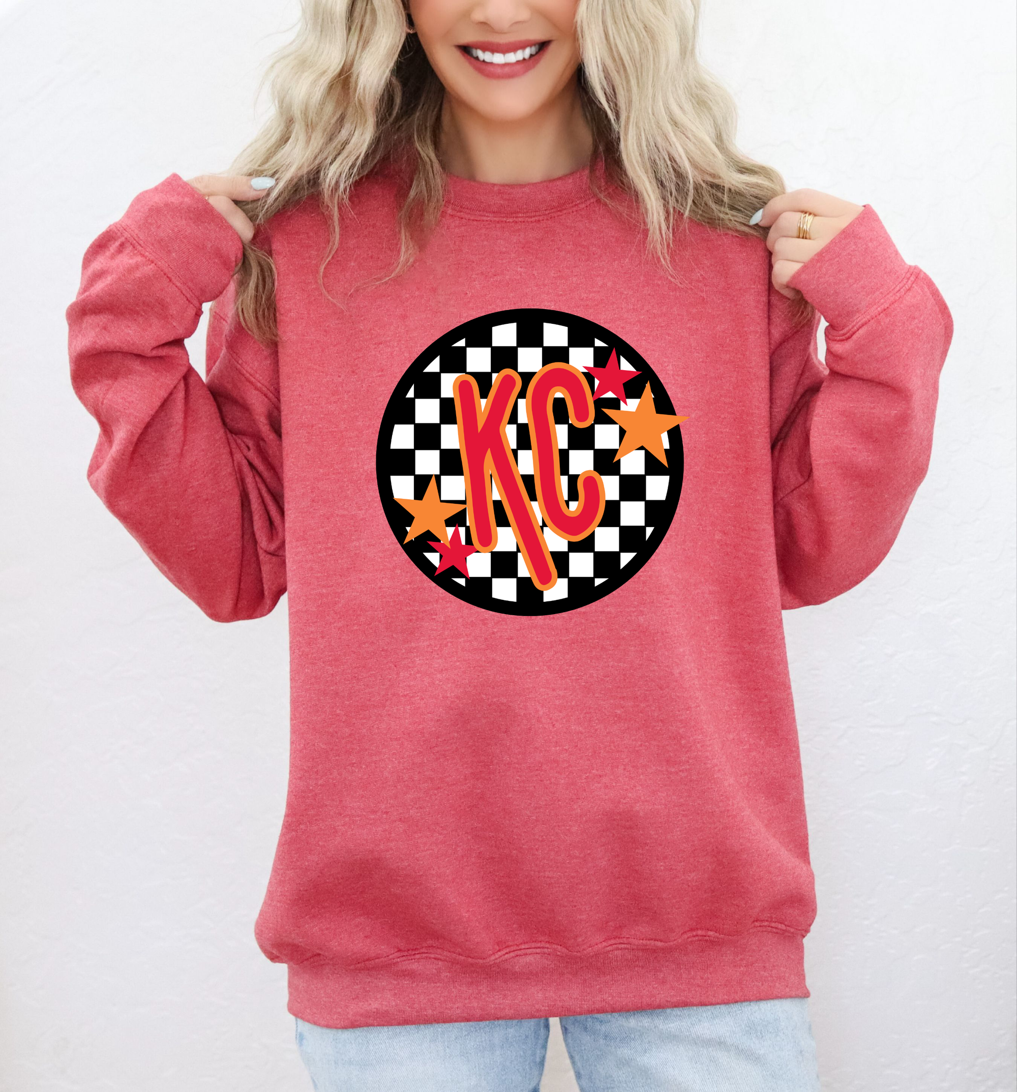 **HALFTIME DEAL** KC Circle Checkered Stars Heather Red Sweatshirt