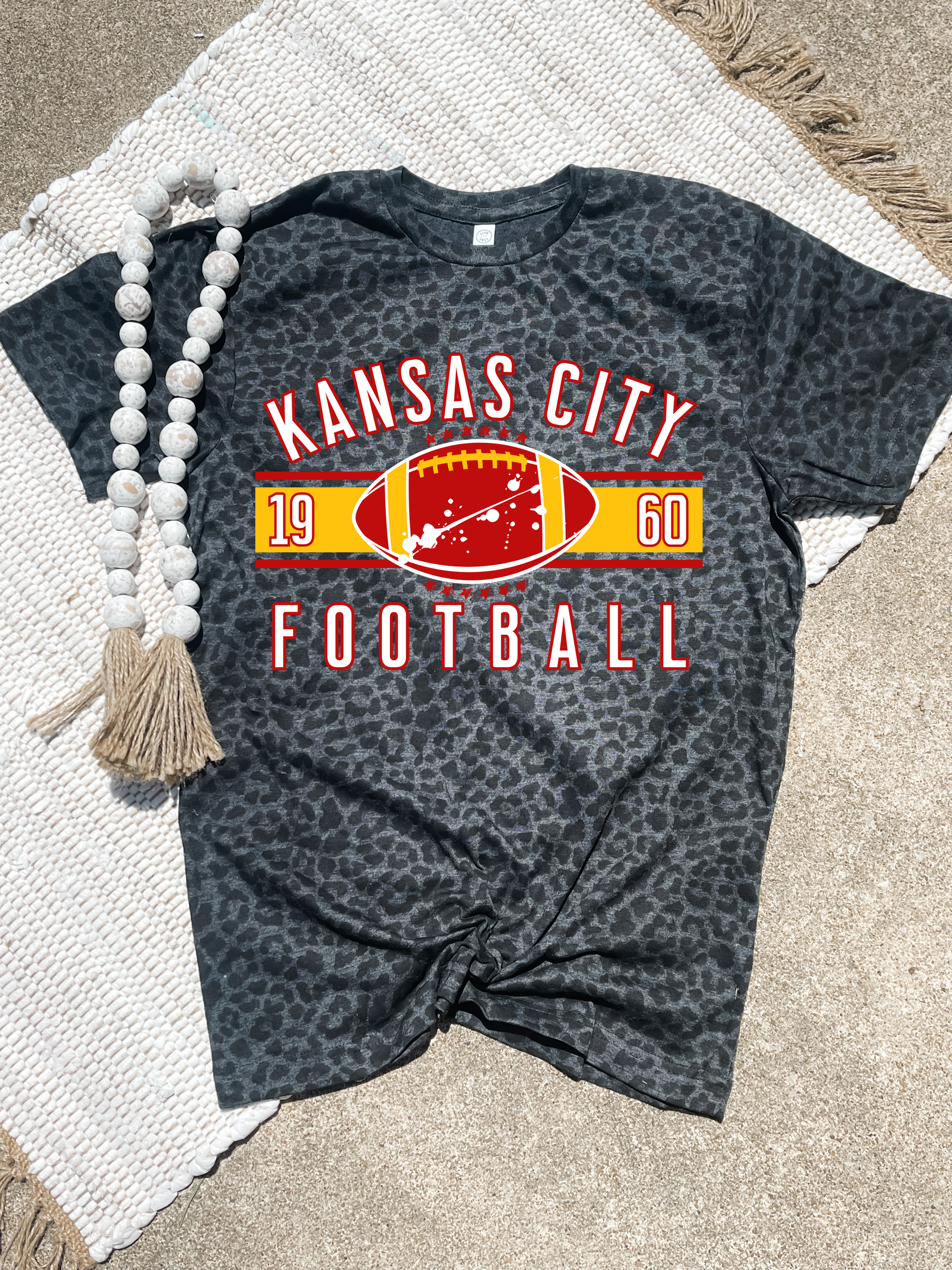 Distressed KC Football 1960 Black Leopard Tee