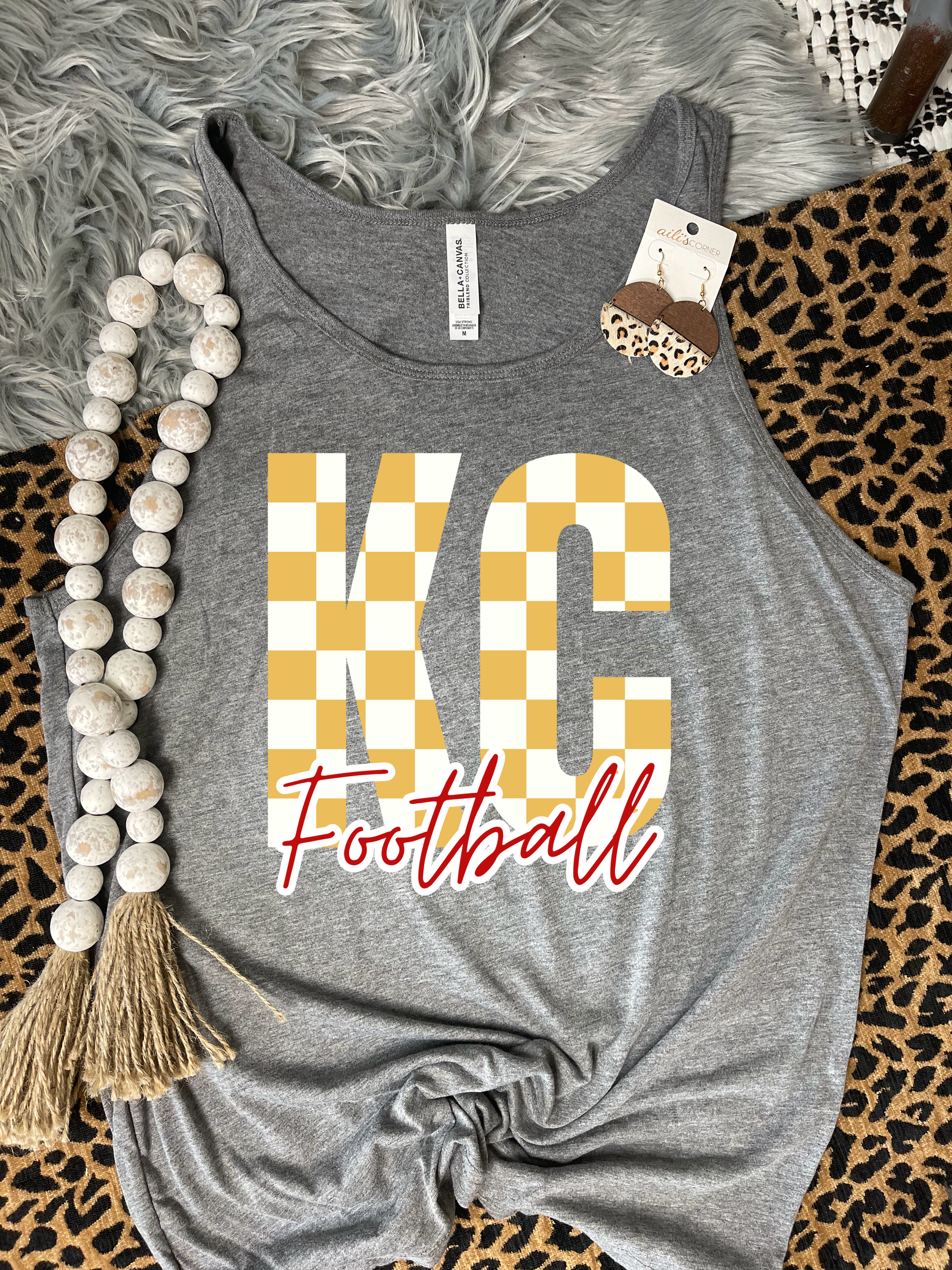 Gold & White Checkered KC Football Charcoal Tank Top