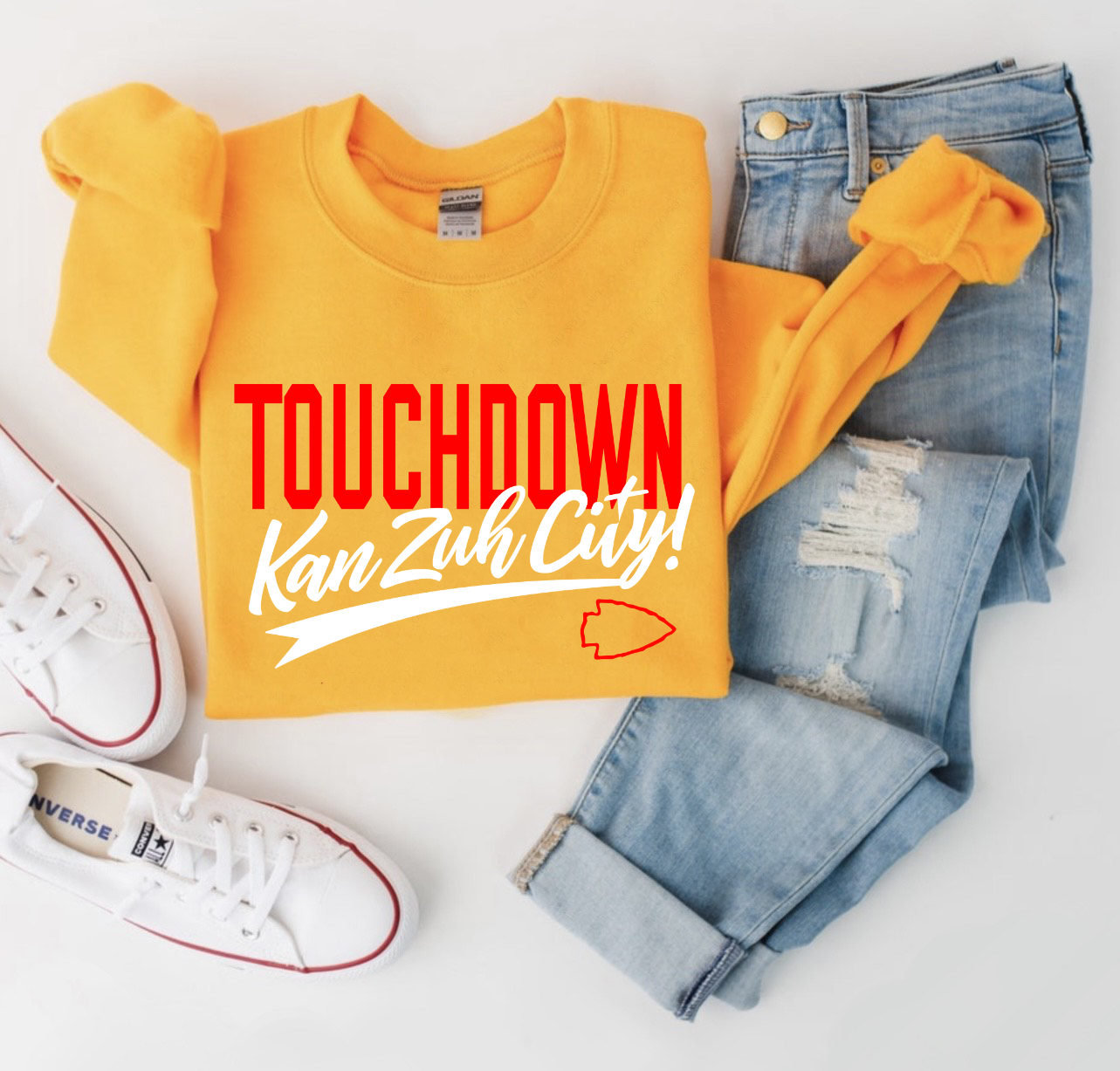 **HALFTIME DEAL** Touchdown Kan Zuh City Arrowhead Gold Sweatshirt