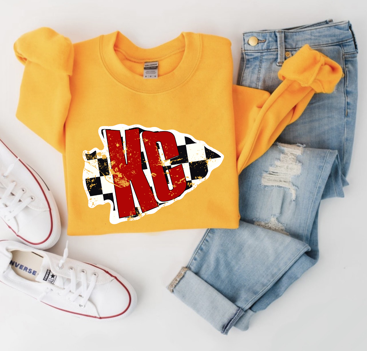 **HALFTIME DEAL** Red KC Checkered Arrowhead Gold Sweatshirt