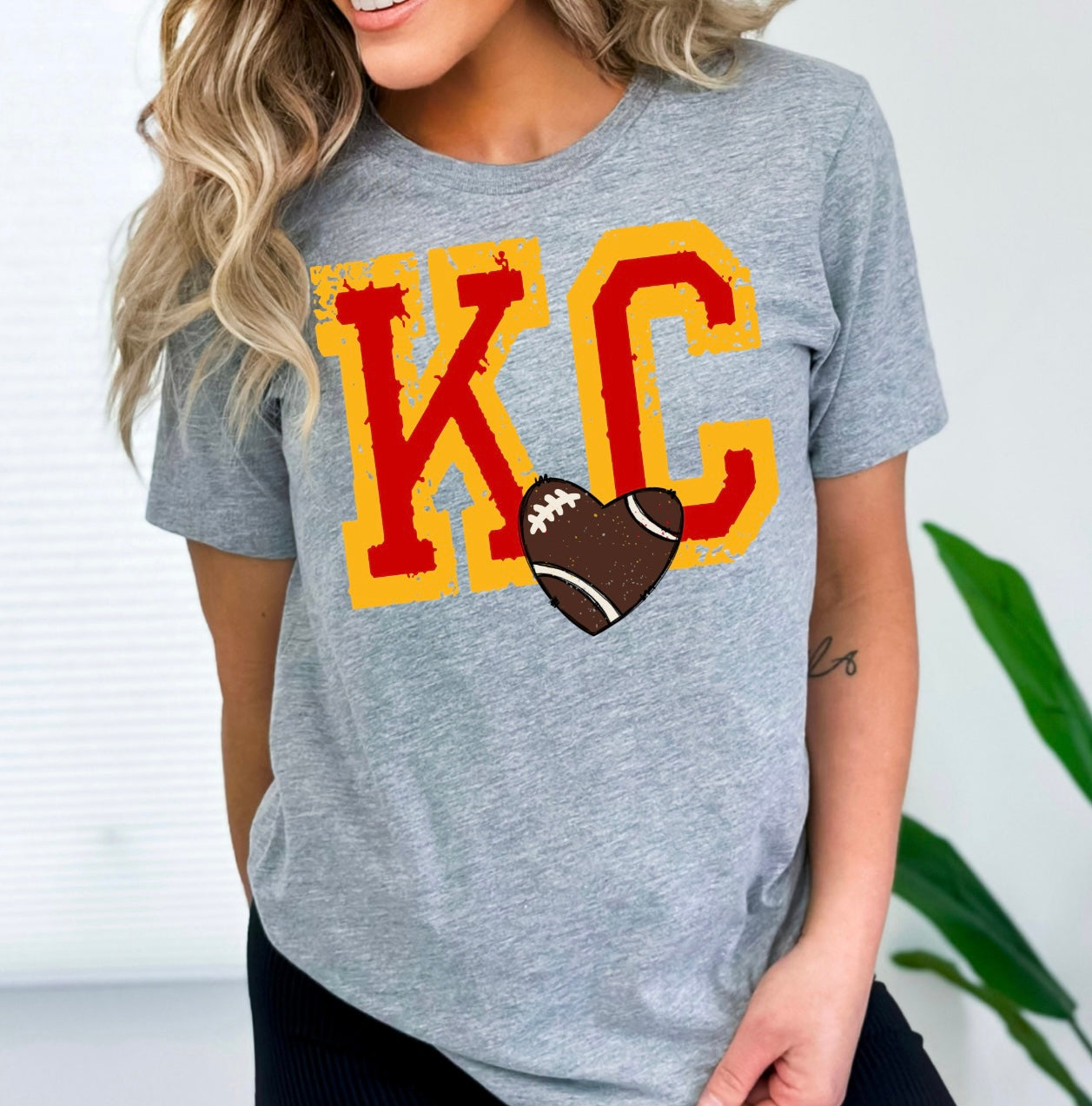 Red & Gold KC Block Football Heart Sports Grey Tee