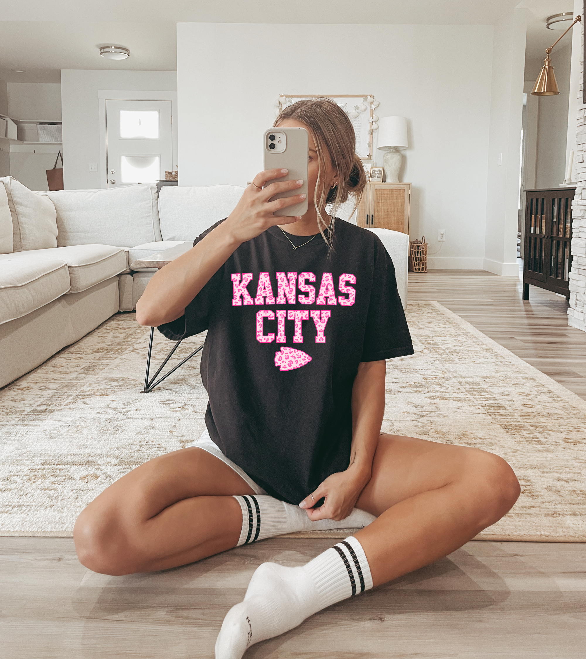 Pink Leopard Kansas City Arrowhead Black Tee