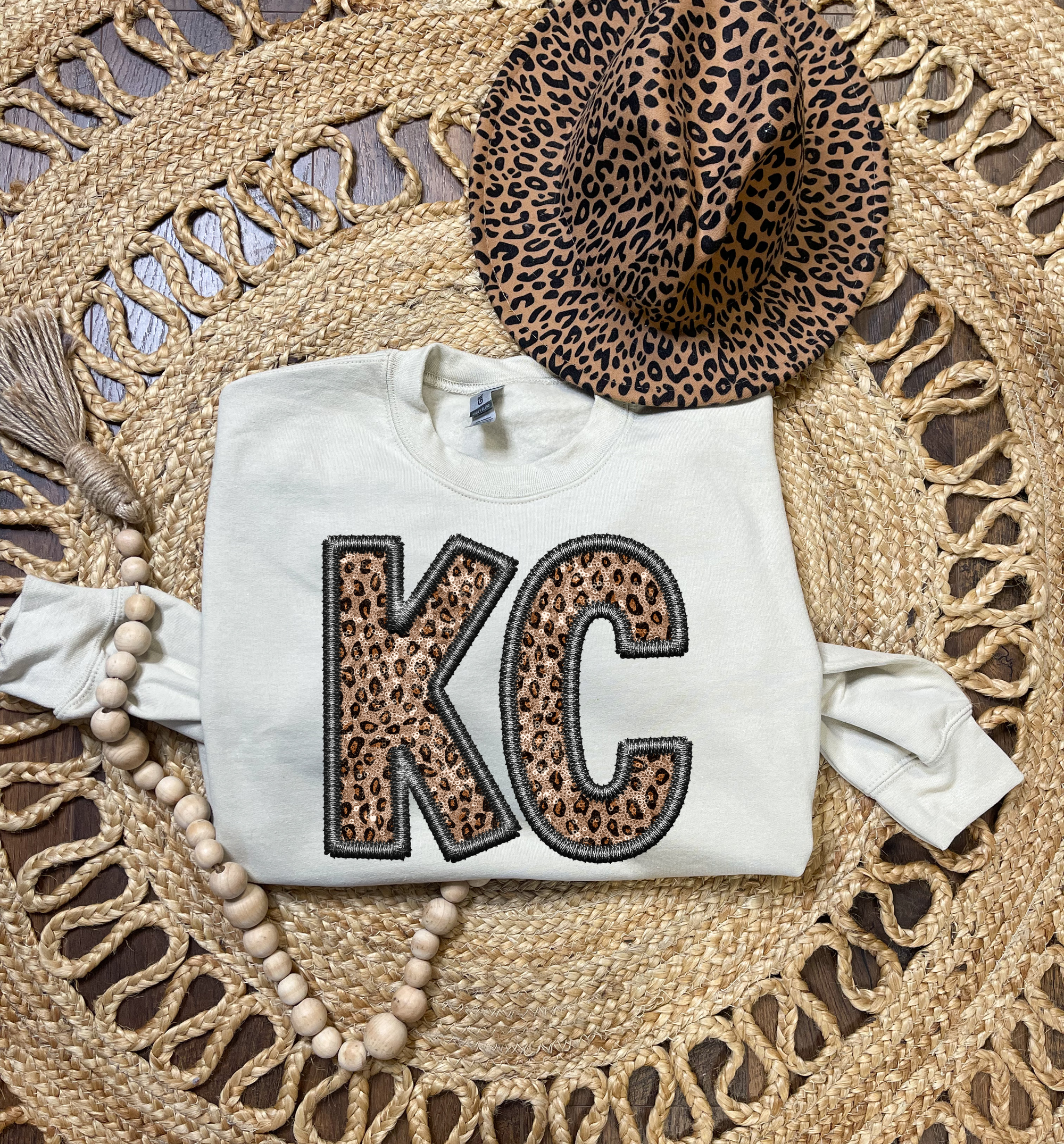 **HALFTIME DEAL** KC Faux Leopard Stitching Sand Sweatshirt