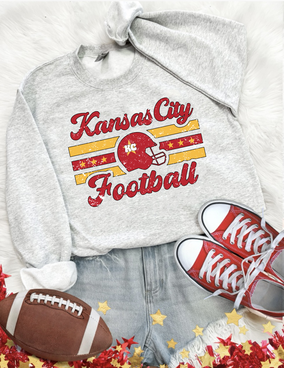 Distressed Red & Gold Kansas City Football Helmet Ash Sweatshirt