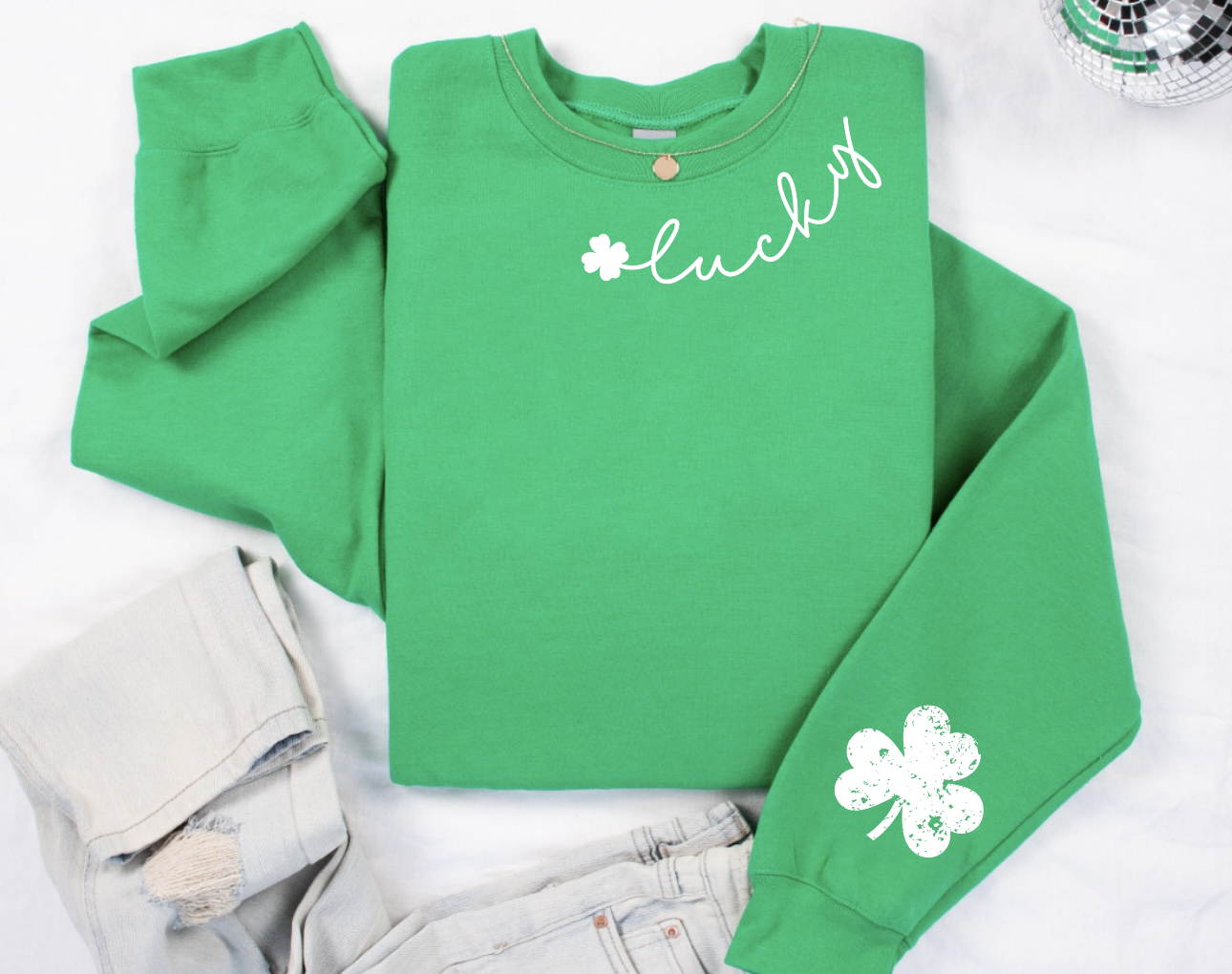 White Lucky Neckline & White Shamrock Sleeve Irish Green Sweatshirt