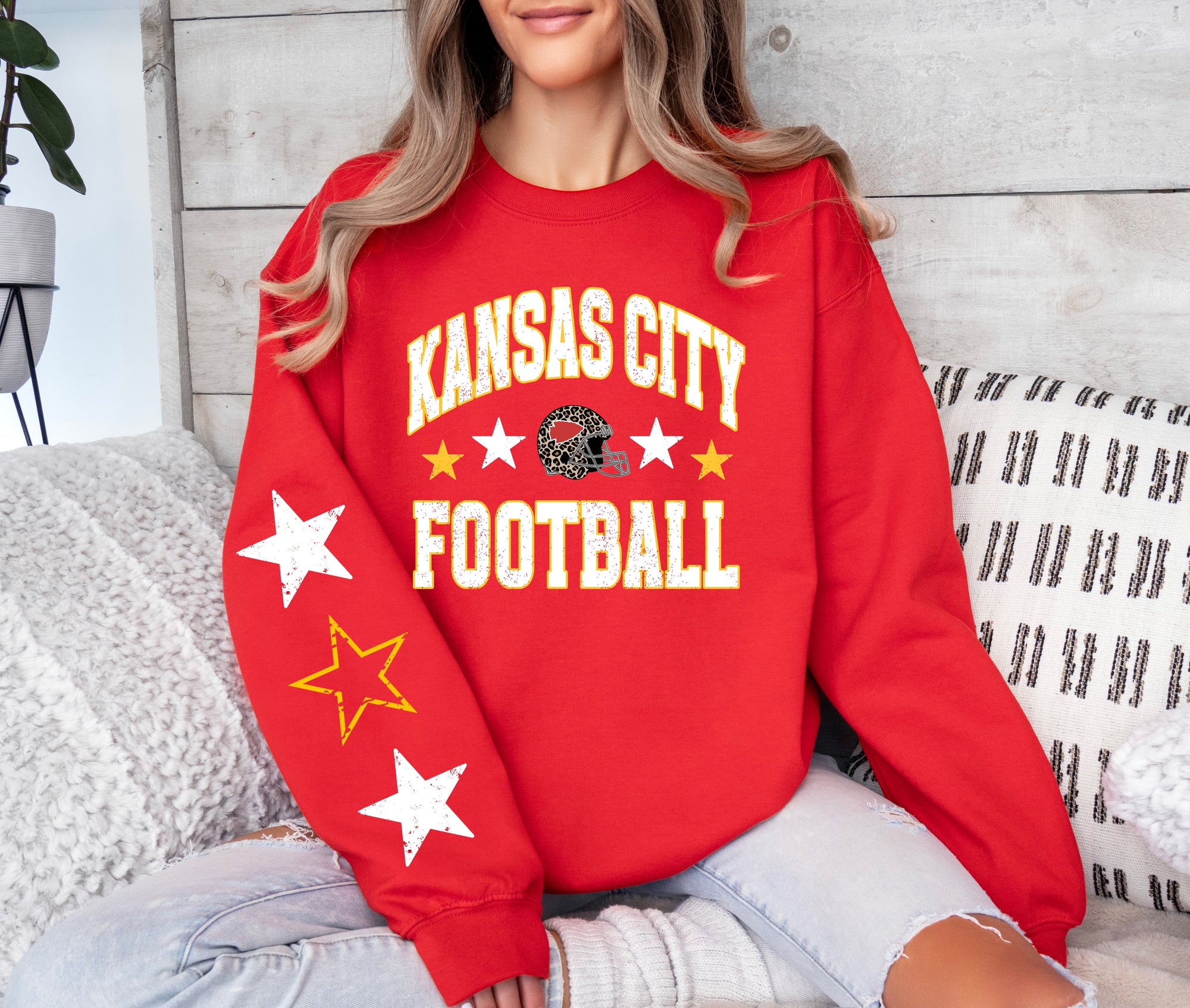 **DEAL PRICE** White & Gold KC Football Leopard Helmet & White & Gold Star Sleeve Red Sweatshirt