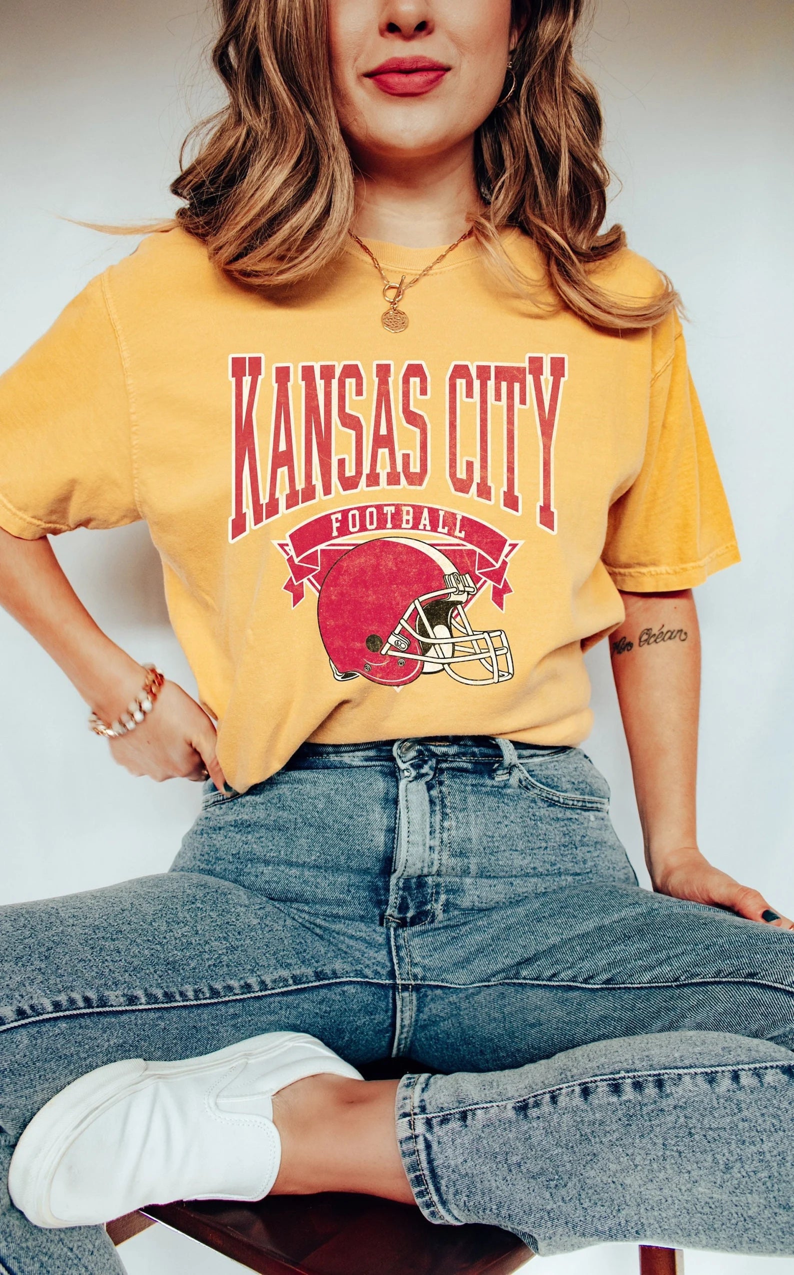 Kansas City Football Ribbon Helmet Mustard Tee