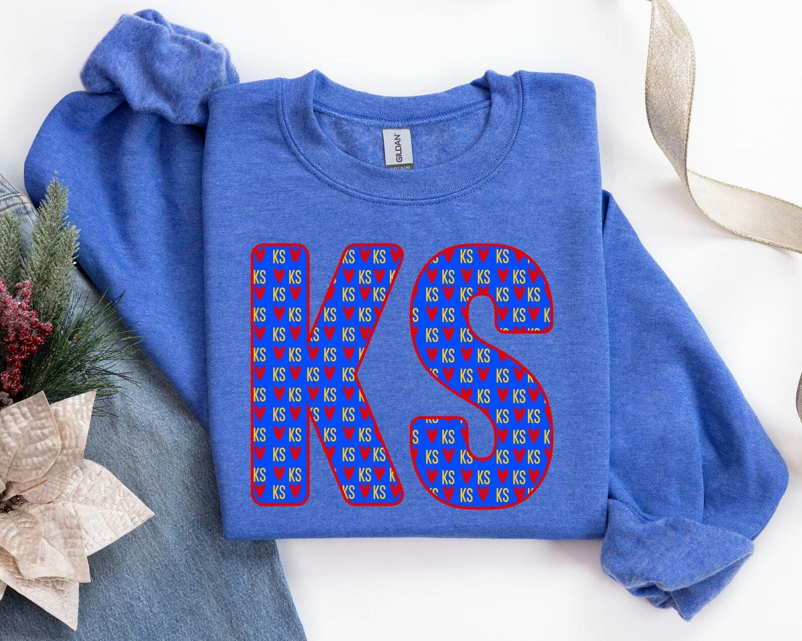 KS Red & Blue Hearts Heather Blue Option