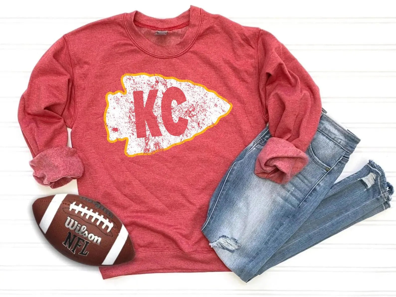 White Distressed Transparent KC Arrowhead Heather Red Sweatshirt