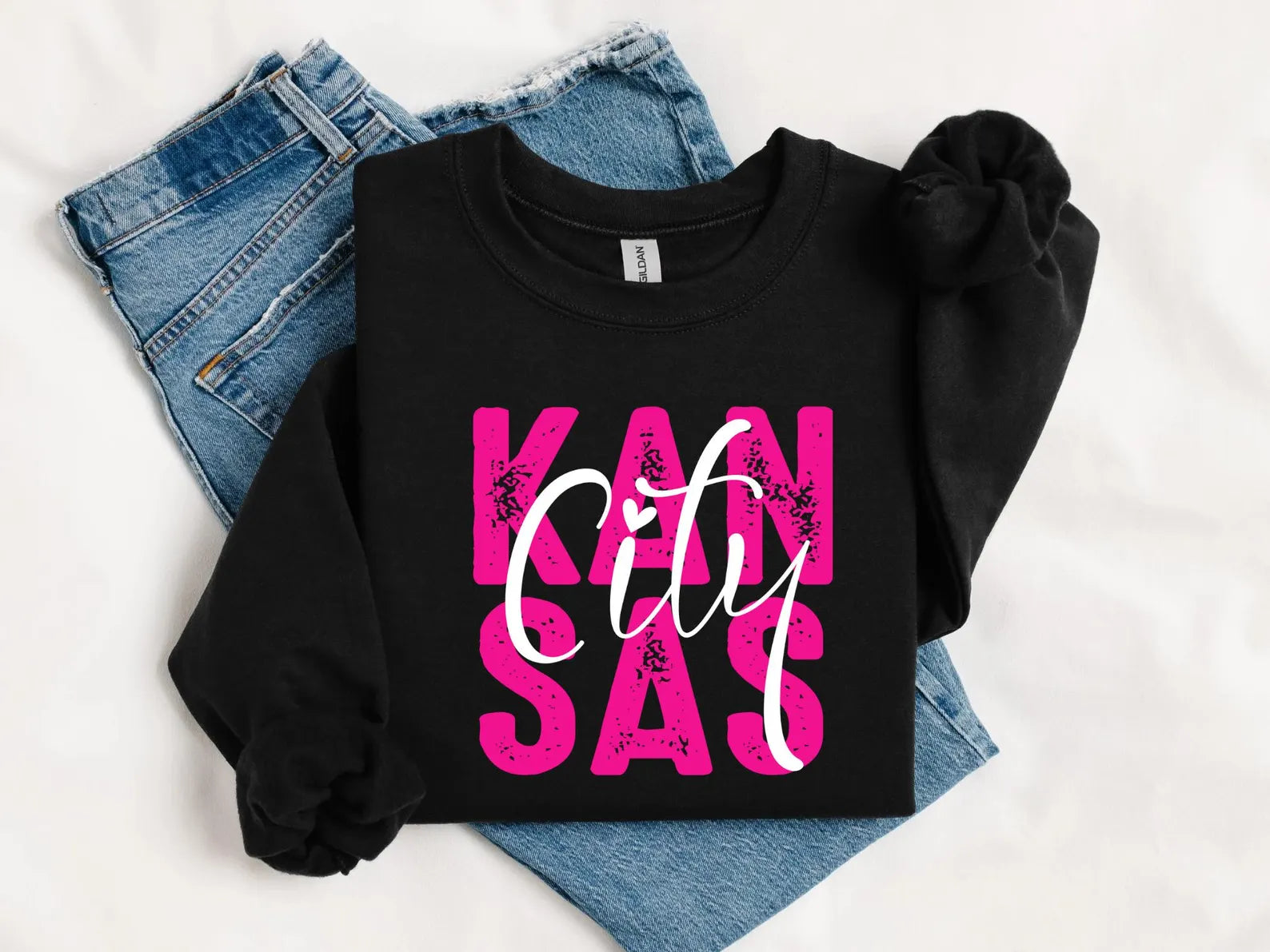 **HALFTIME DEAL** Pink Kansas White City Script Black Sweatshirt