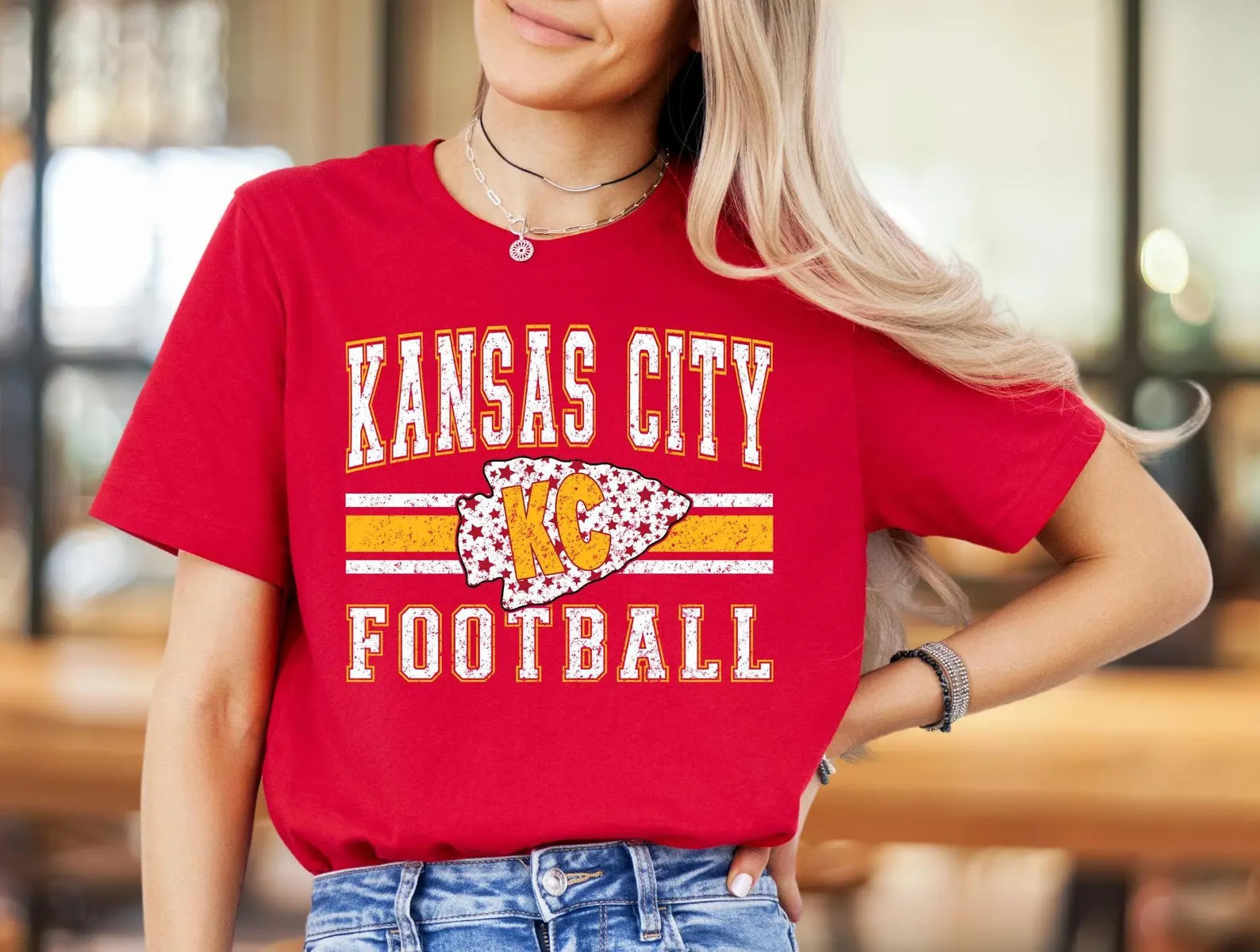 Grunge Star Arrowhead KC Football Red Tee