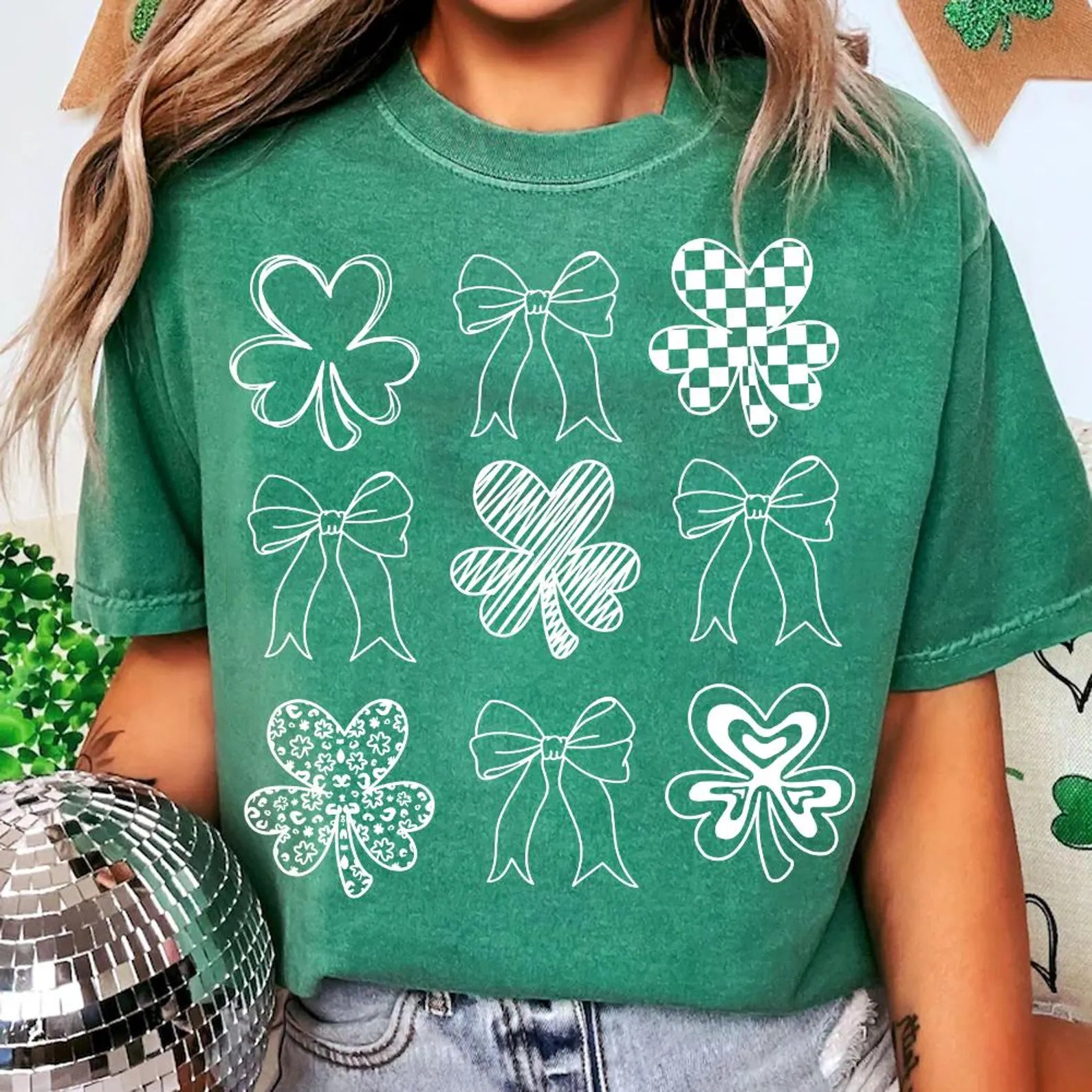 White Shamrock Bow Collage Grass Tee