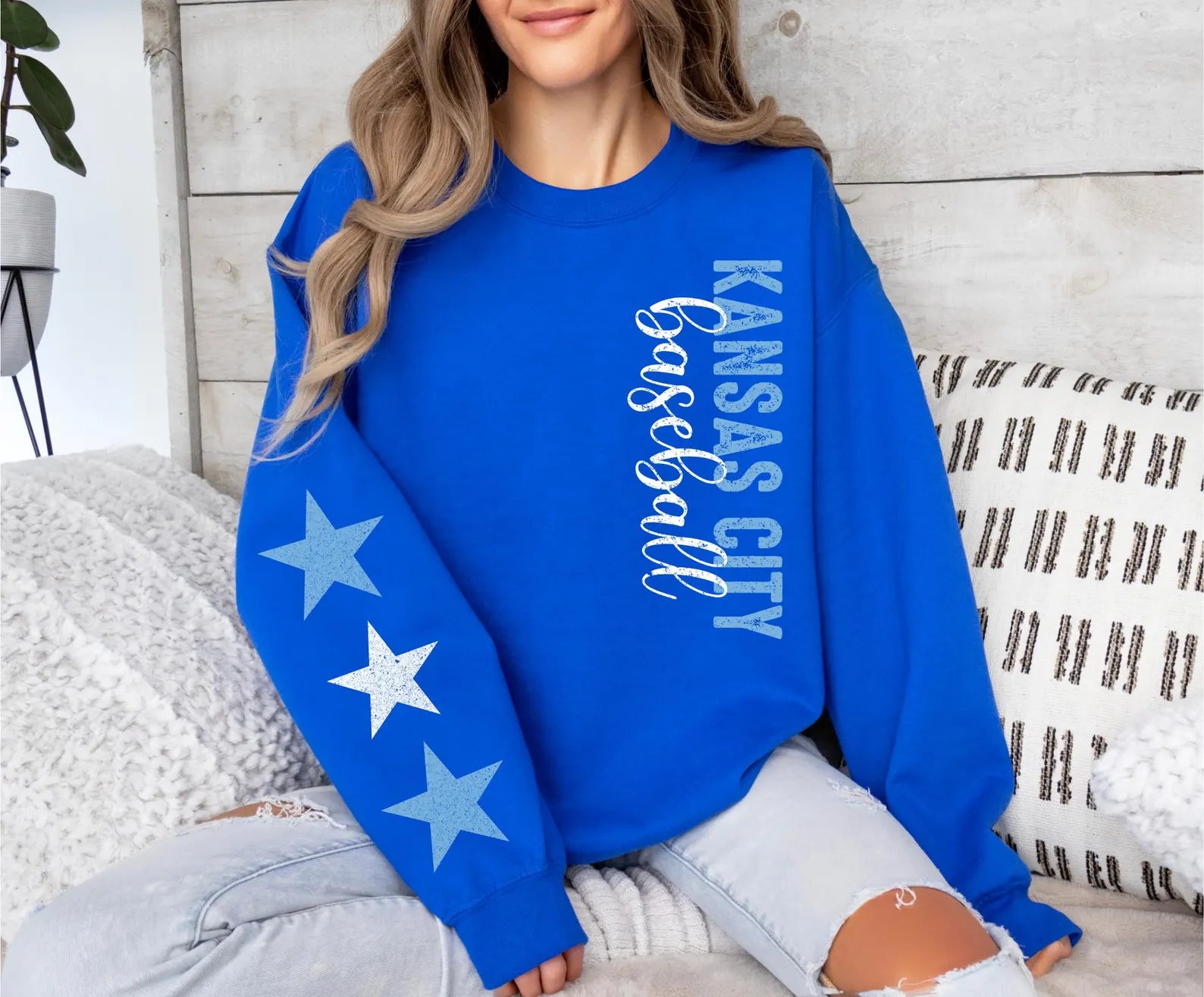 Light Blue Kansas City Baseball With Blue & White Star Sleeve Royal Sweatshirt